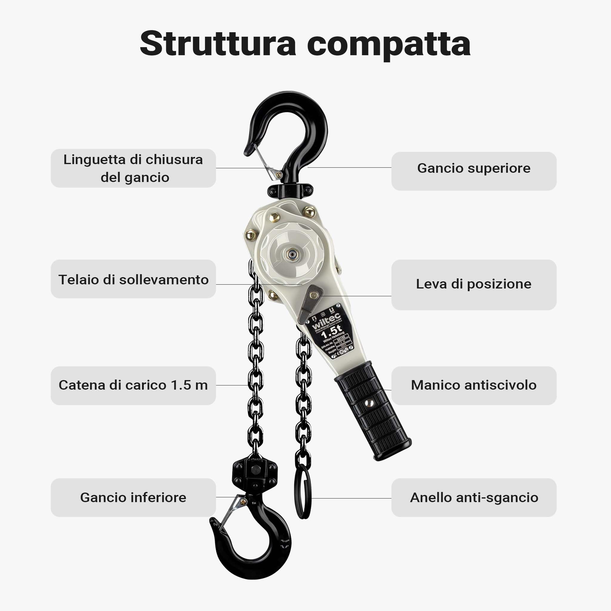 Wiltec Paranco a Leva 1,5 t x 1,5 m con Impugnatura 360°