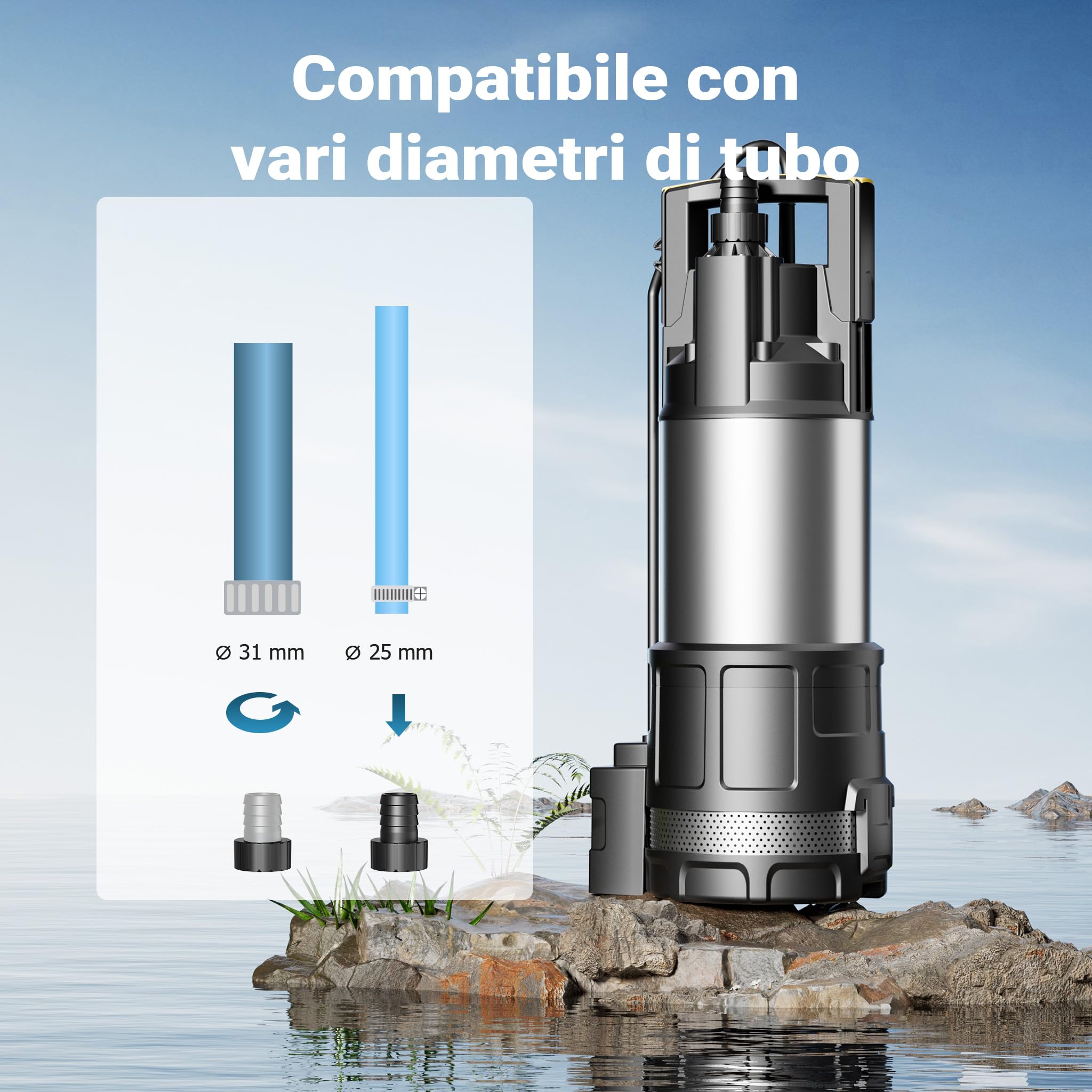 Wiltec Pompa Sommersa 1200W 6000l/h Nero+Acciaio Pozzi Cisterne