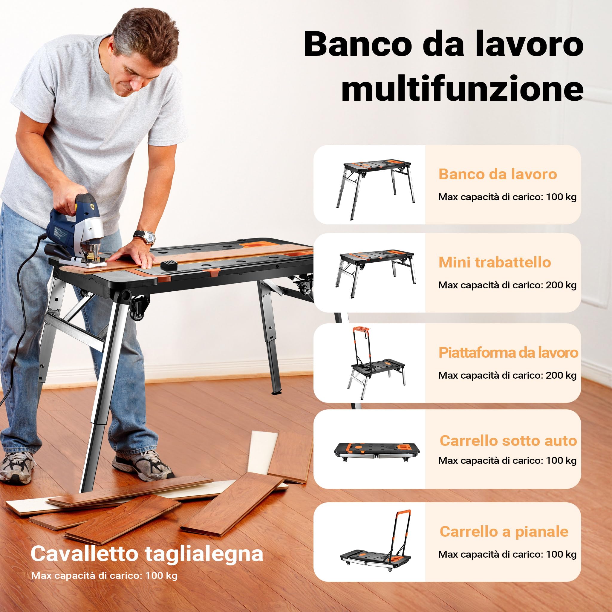 Wiltec Banco lavoro pieghevole 7 in 1 108,5 cm fino a 250 kg
