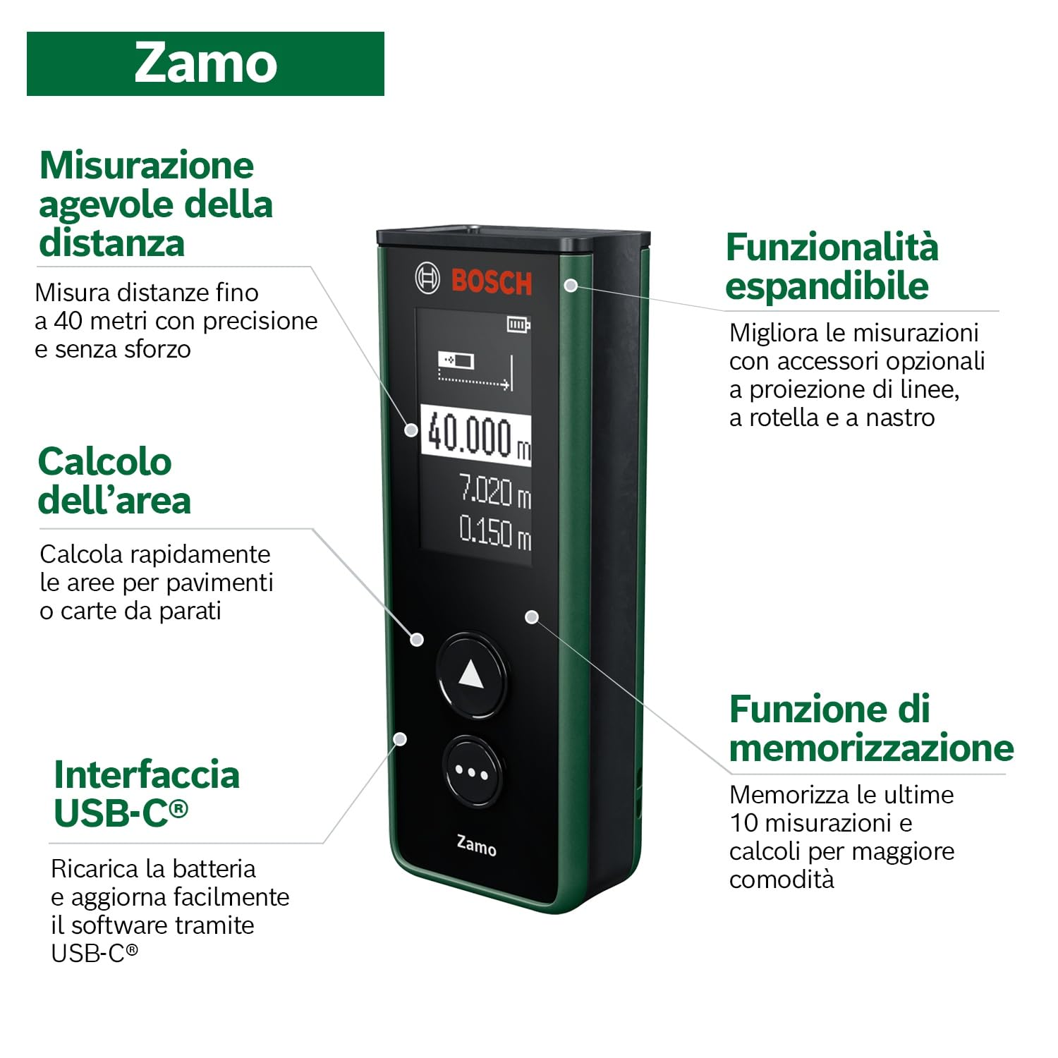 Bosch Zamo distanziometro laser 40 m USB-C senza accessori