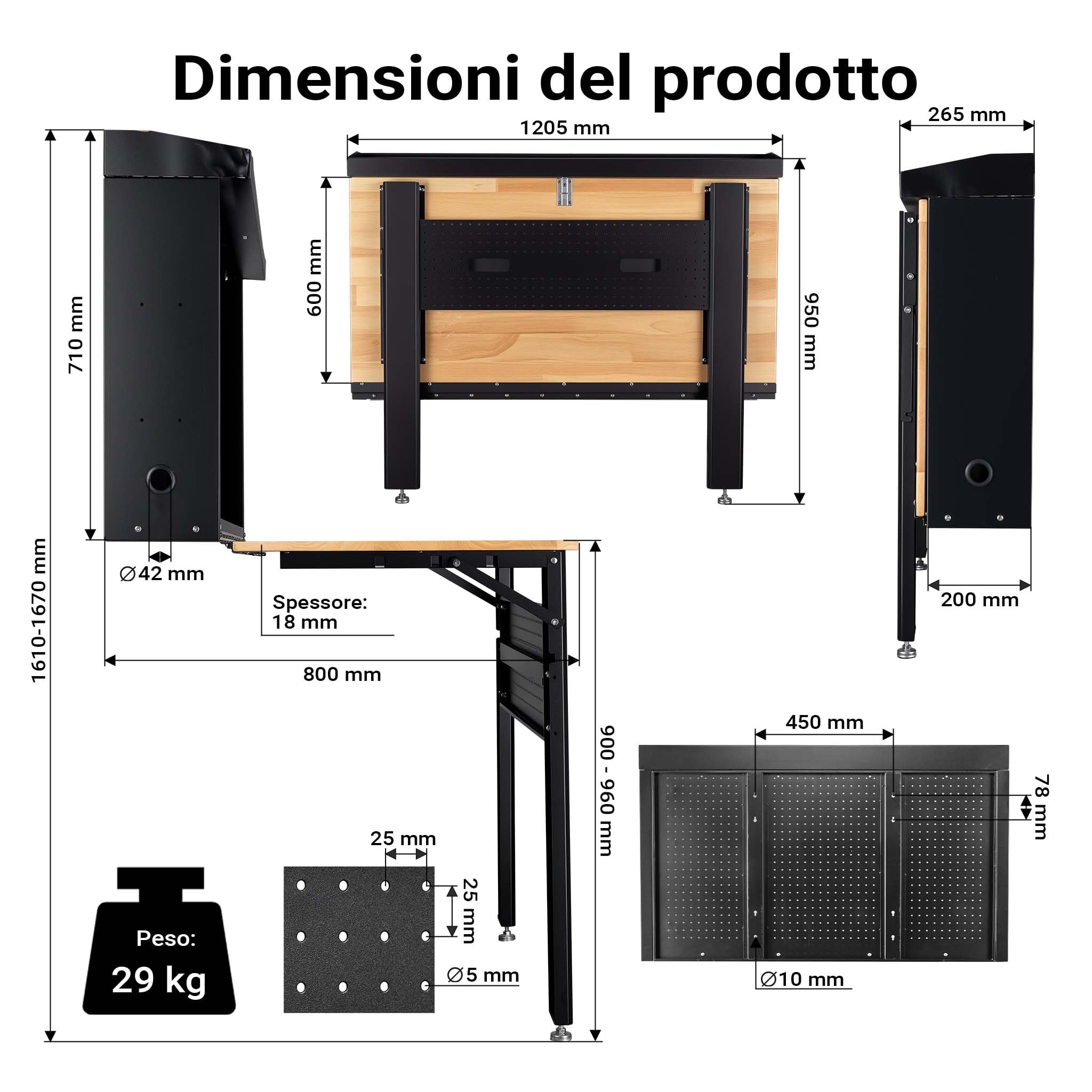 Wiltec Banco Lavoro Pieghevole Parete 120x60cm 200kg Pannello