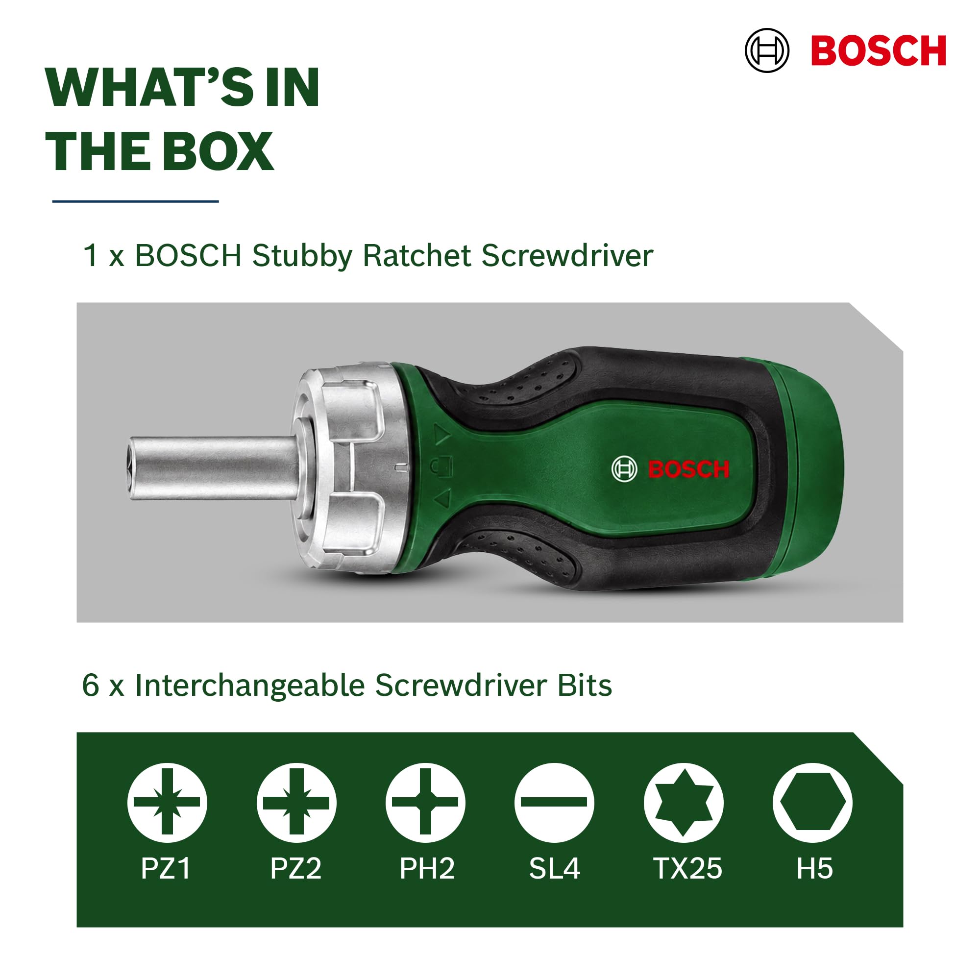 Bosch Stubby cacciavite a cricchetto corto 6 bit S2