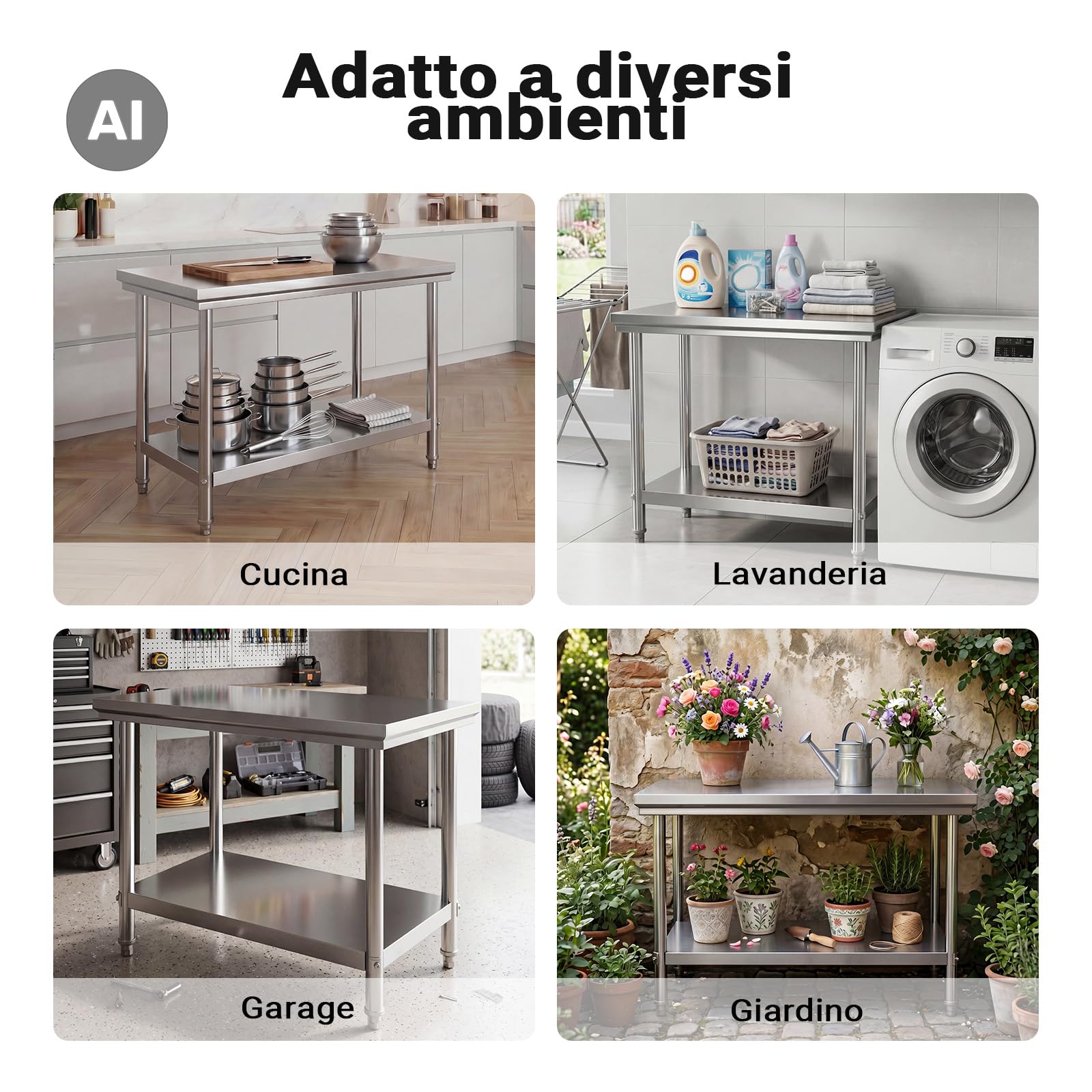 Wiltec Tavolo da Lavoro Inox 120x60x85 cm senza alzata 250 kg