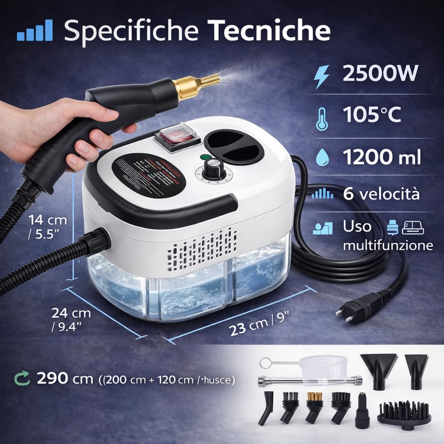 DE ROSA SHOP Pulitore a Vapore 2500W 1200ml 6 Velocità