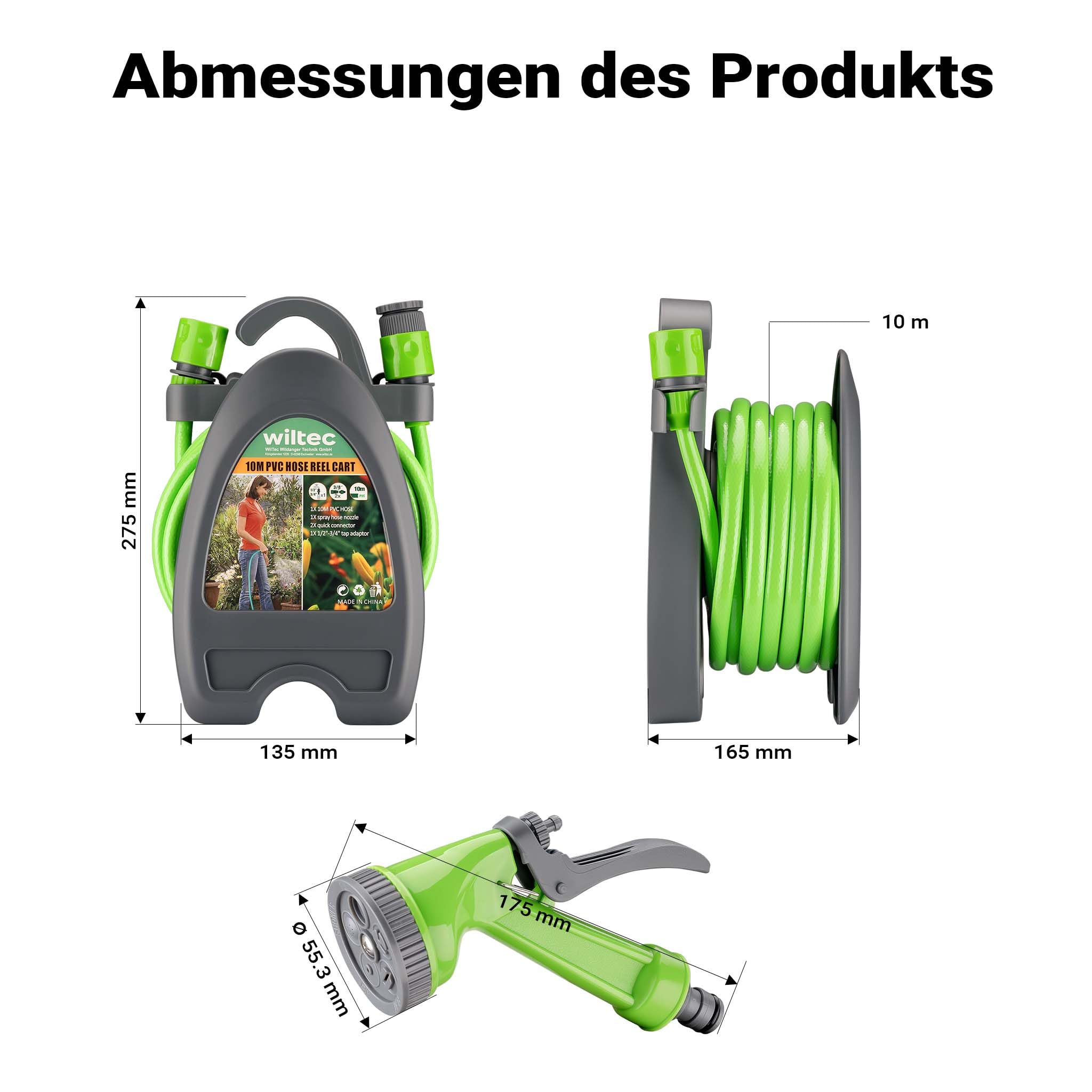 Wiltec Avvolgitubo giardino 10 m pistola 5 getti portatile