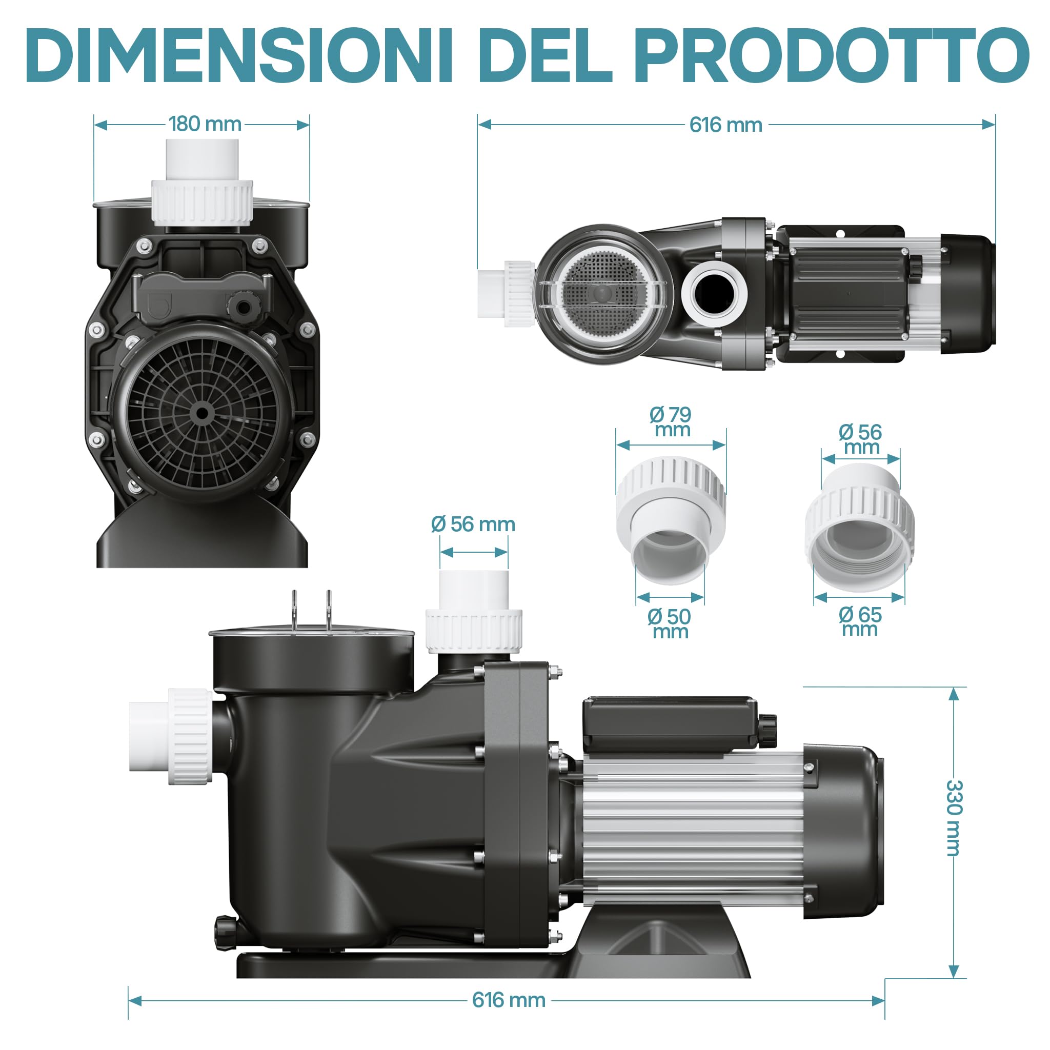 Wiltec Pompa piscina ricircolo 33600 l/h 1500W con filtro