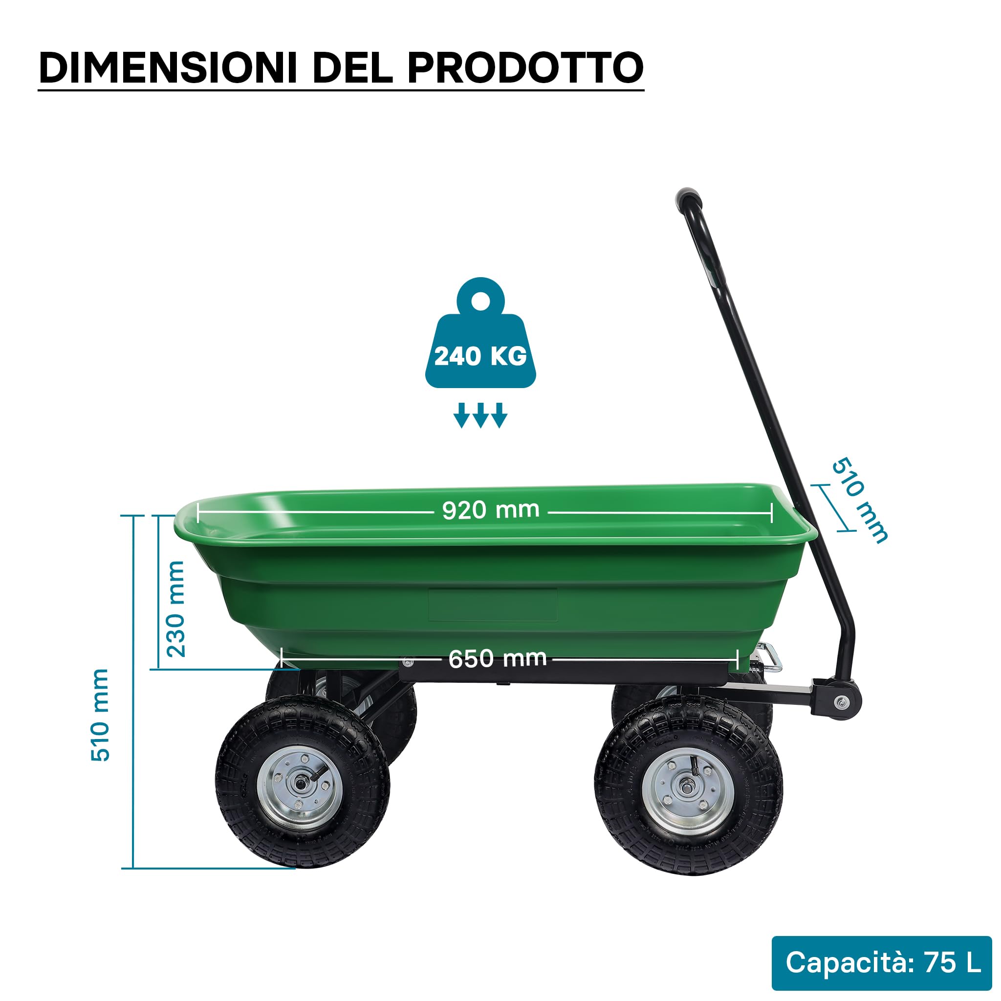 Wiltec Carrello Giardino Ribaltabile 75L Carriola 240kg