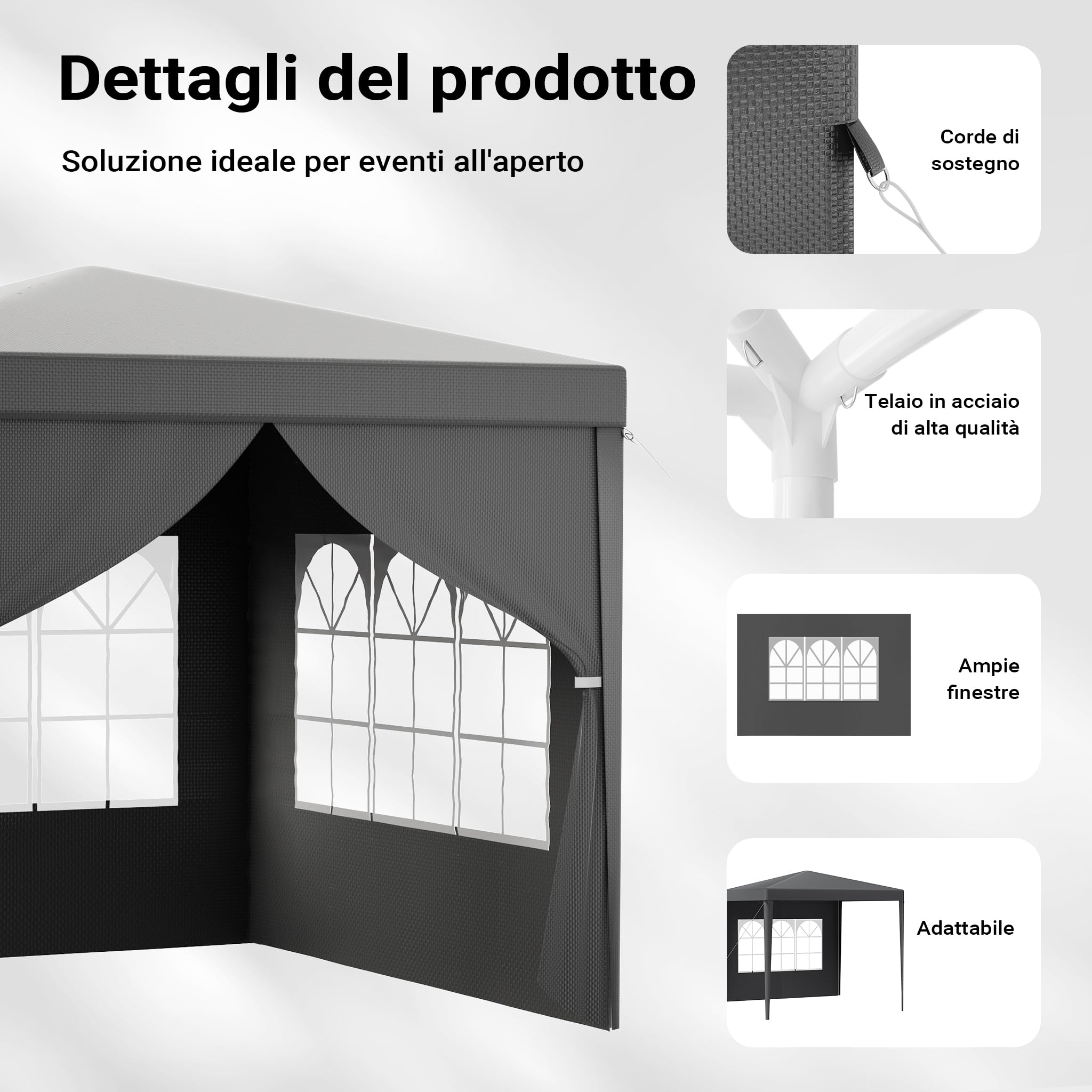 Toboli Gazebo 3x3 m Grigio con Lati e Finestre