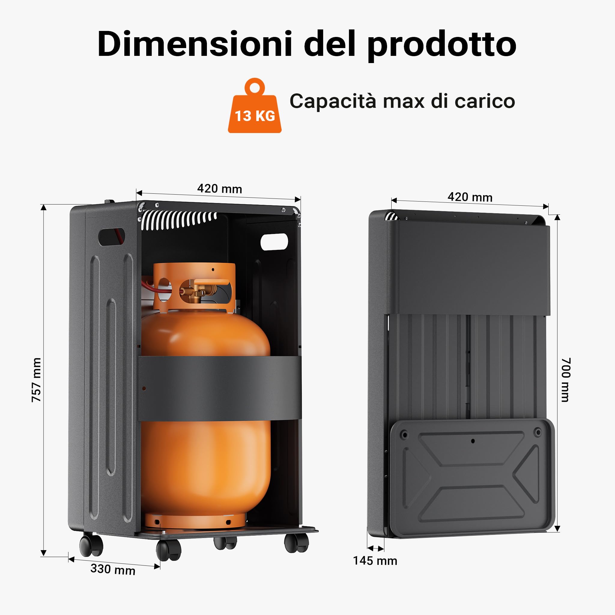 Wiltec Stufa Gas Infrarossi 4,2kW Pieghevole 3 Livelli Rotelle