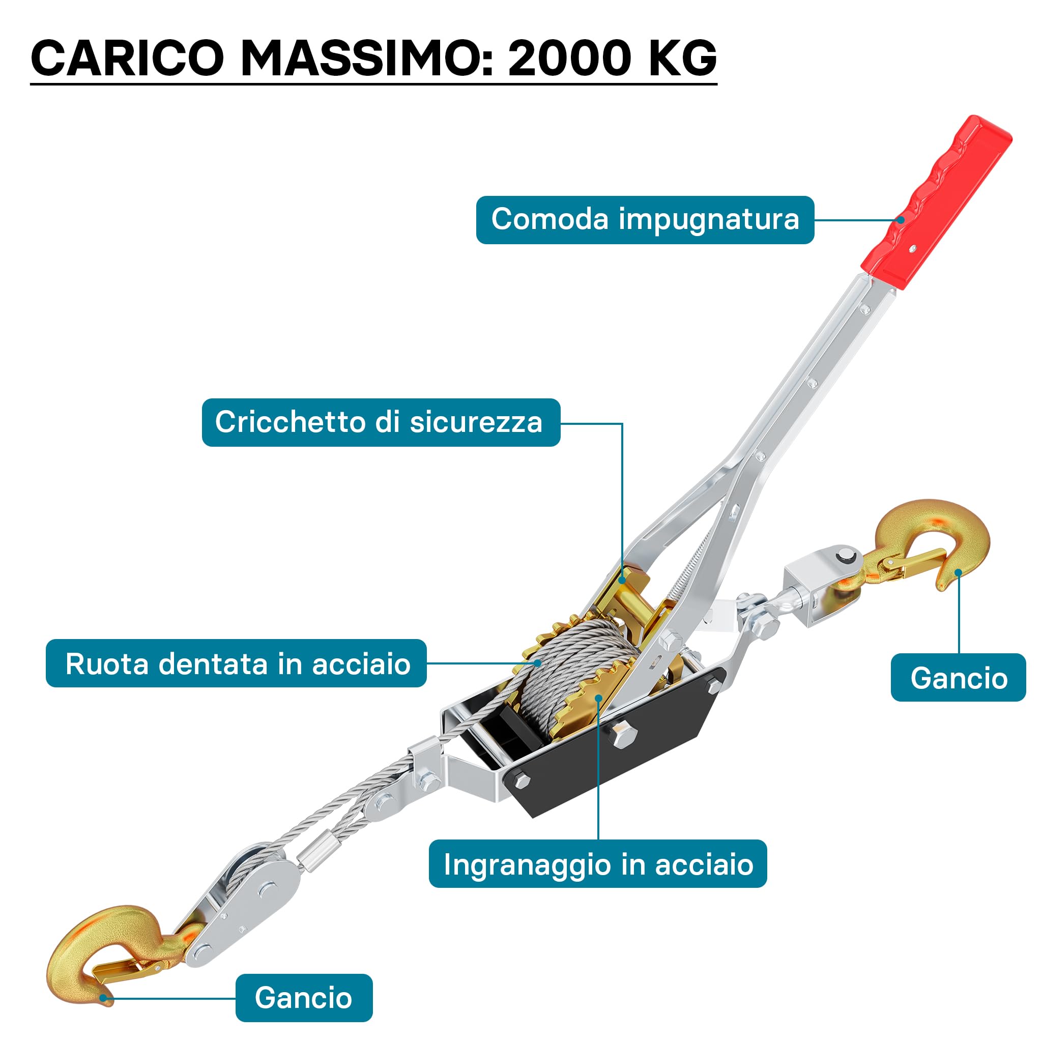 Wiltec Paranco a Leva 2000 kg Fune 2,2 m con Ganci