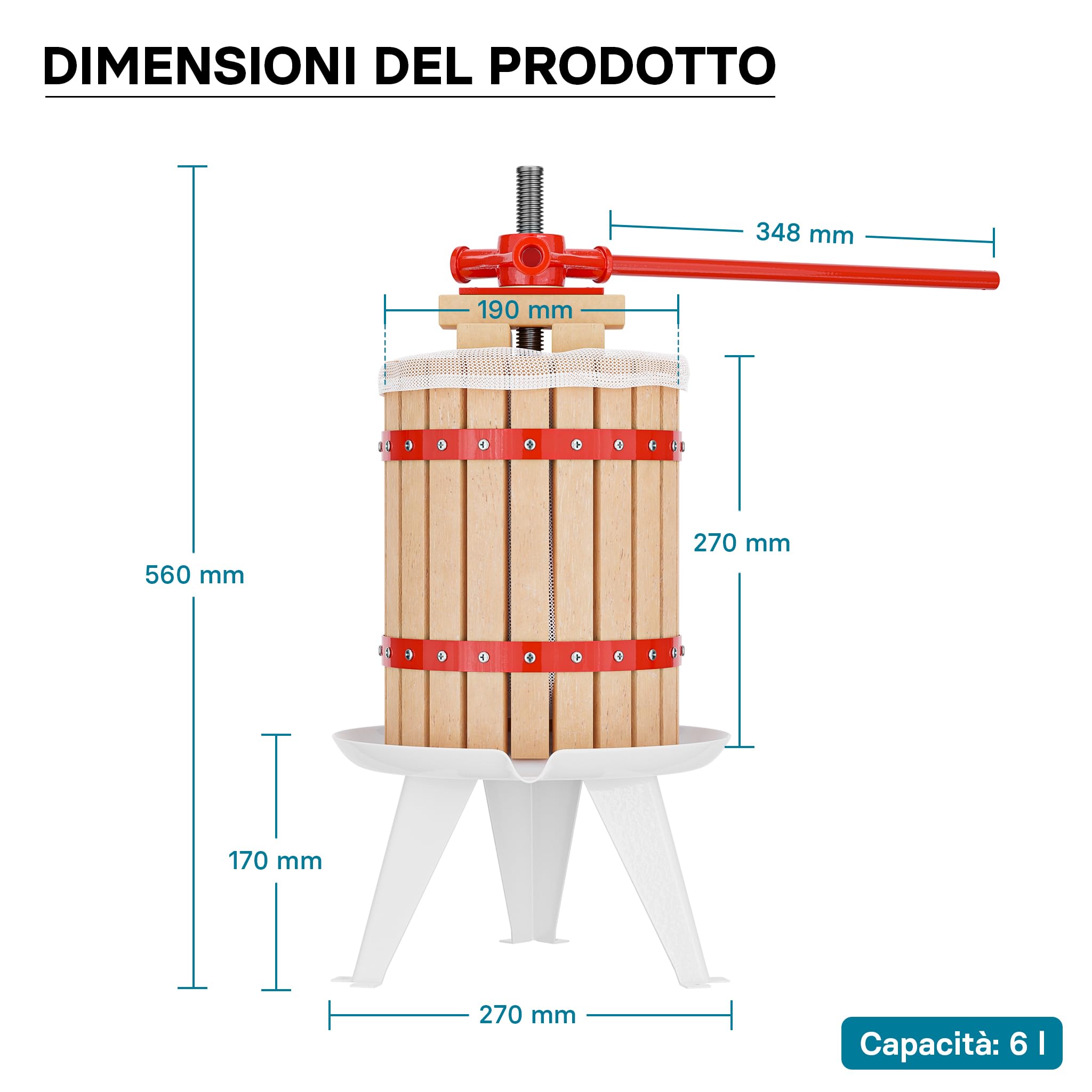 Wiltec torchio frutta manuale 6 l con panno gabbia legno faggio