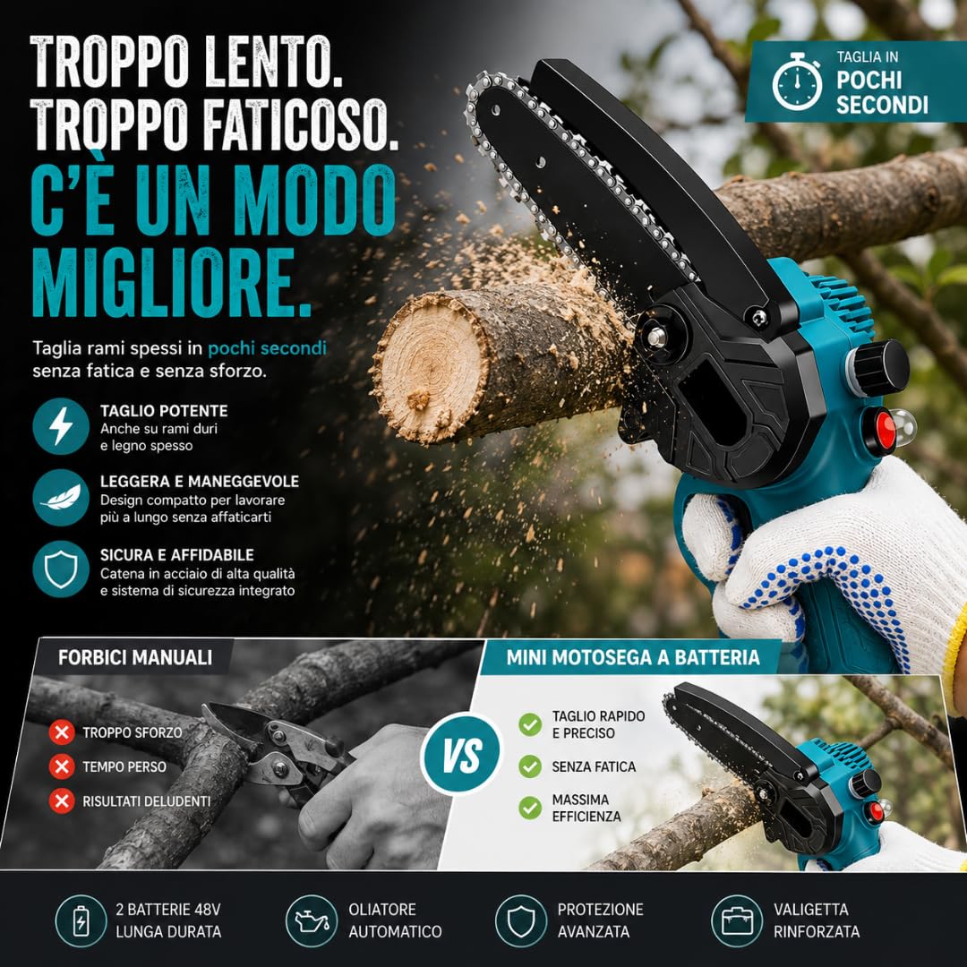 De Rosa Shop Mini Motosega Batteria 48V 6-8" 2 Batterie Oliatore