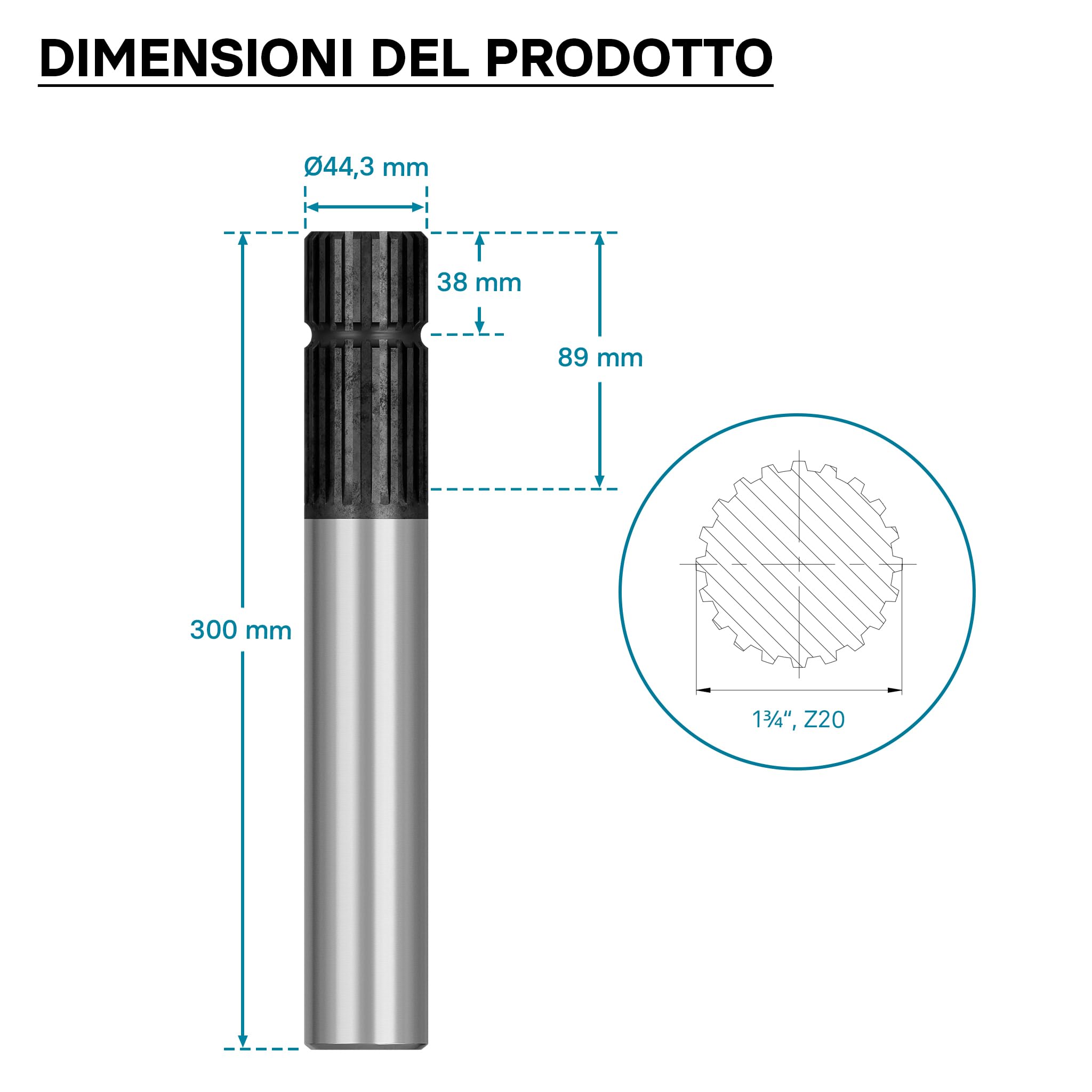 Wiltec E1 Profilo Scanalato Cardano 300 mm 20 Denti 1 3/4"