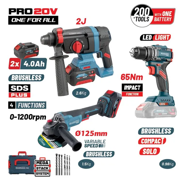 Bormann Pro Set 3 Utensili 20V Brushless 65Nm 125mm SDS Plus