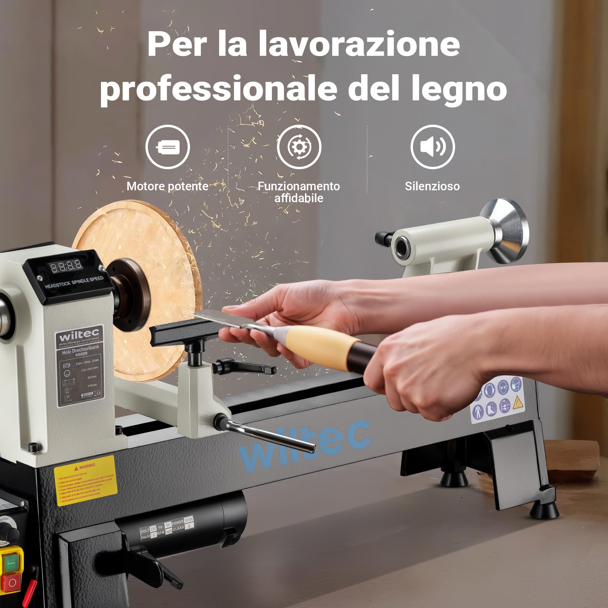 Wiltec Tornio per Legno 550 W 650-3800 giri/min in Ghisa