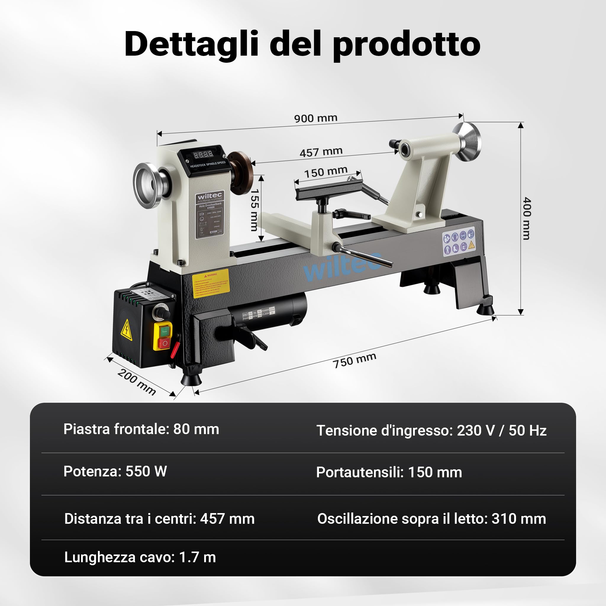 Wiltec Tornio per Legno 550 W 650-3800 giri/min in Ghisa