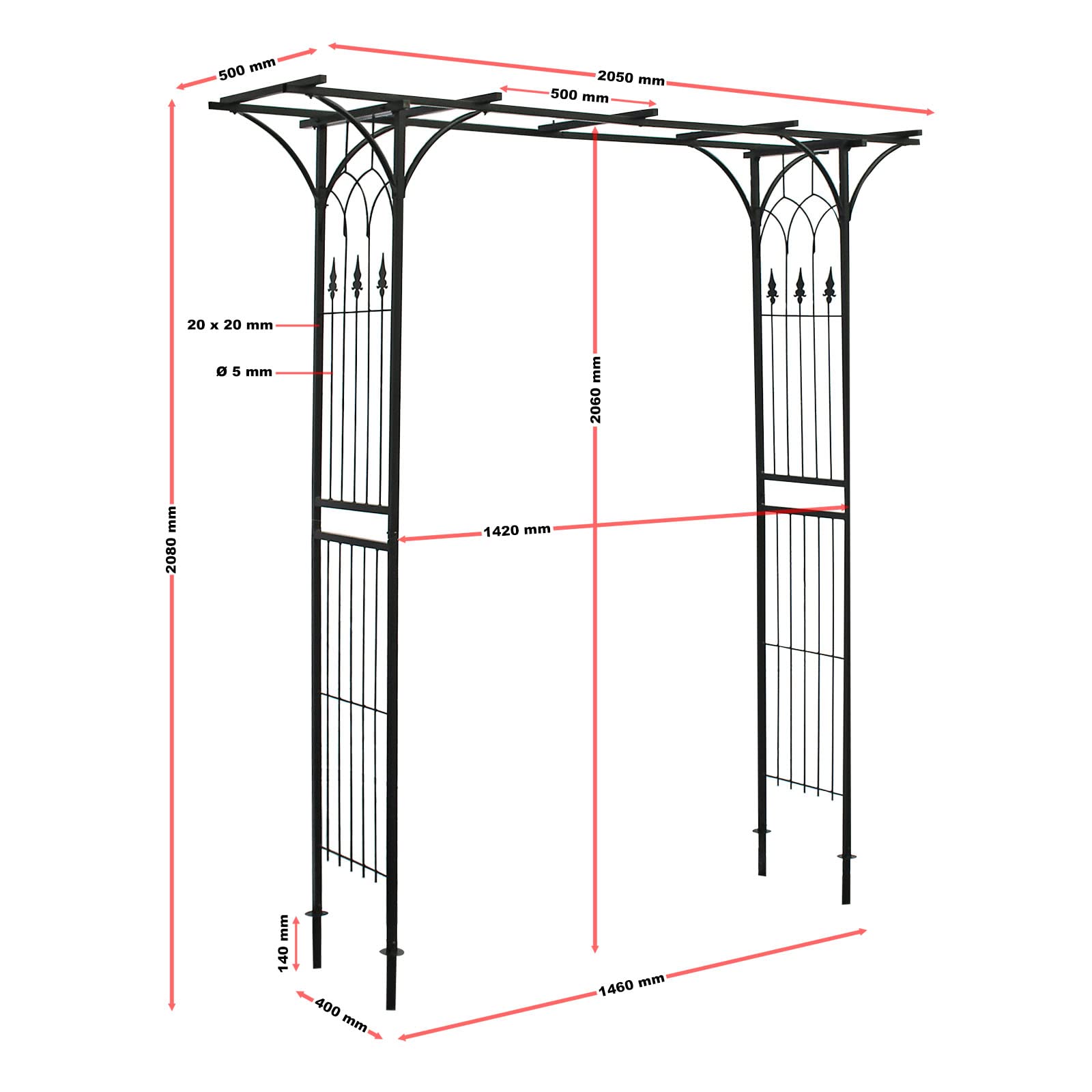 Wiltec Arco giardino rose 205x50x208cm acciaio nero