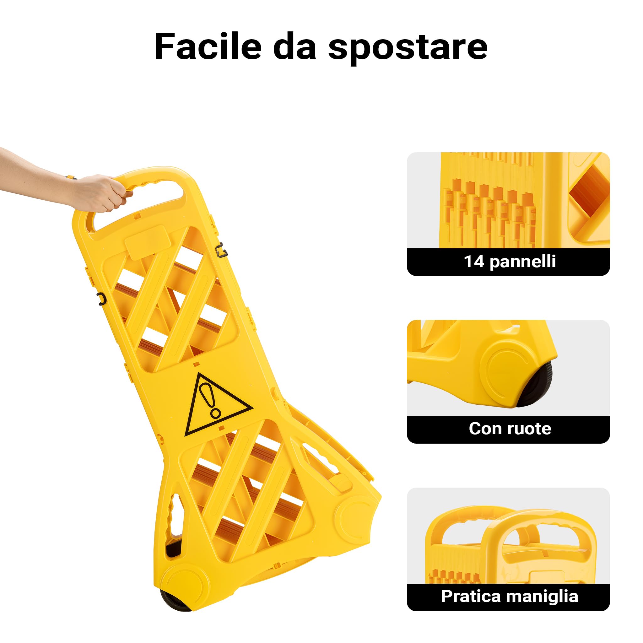 Wiltec Barriera mobile pieghevole 3,9 m PE con ruote gialla
