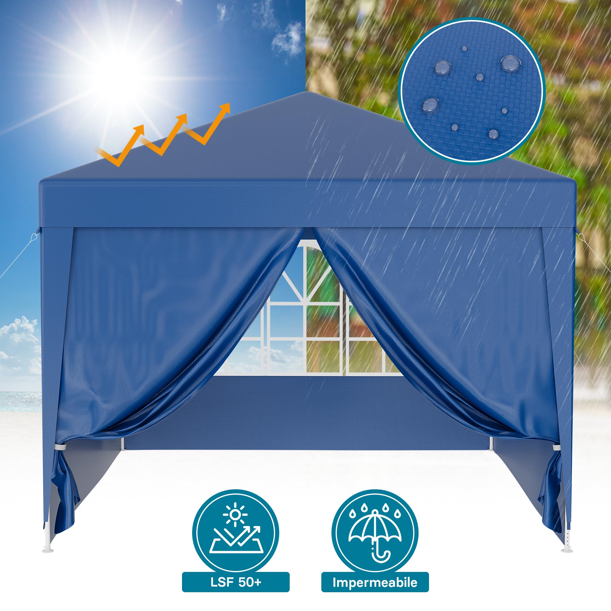 Wiltec Gazebo Blu 3x3m con Pareti Laterali Protezione UV50+