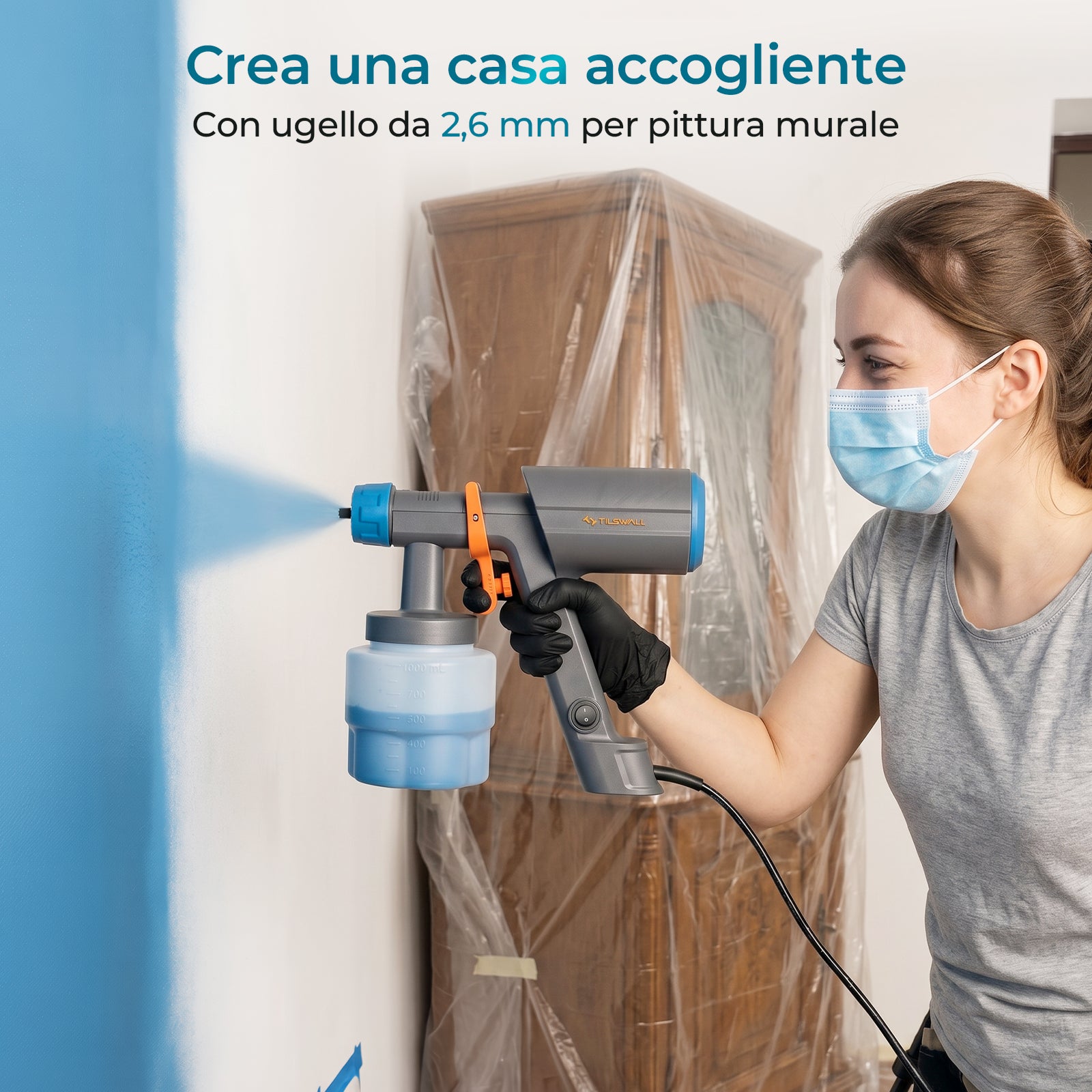Tilswall Pistola Verniciare Elettrica 1000 ml 3 Ugelli
