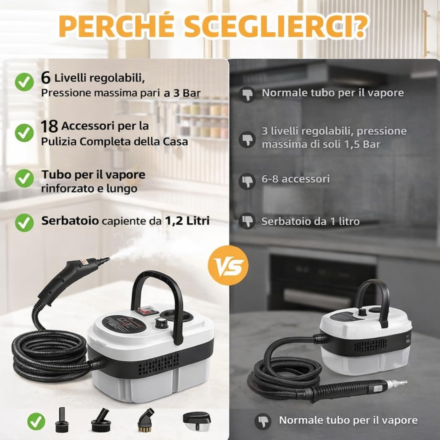 DE ROSA SHOP Pulitore a Vapore 2500W 1200ml 6 Velocità