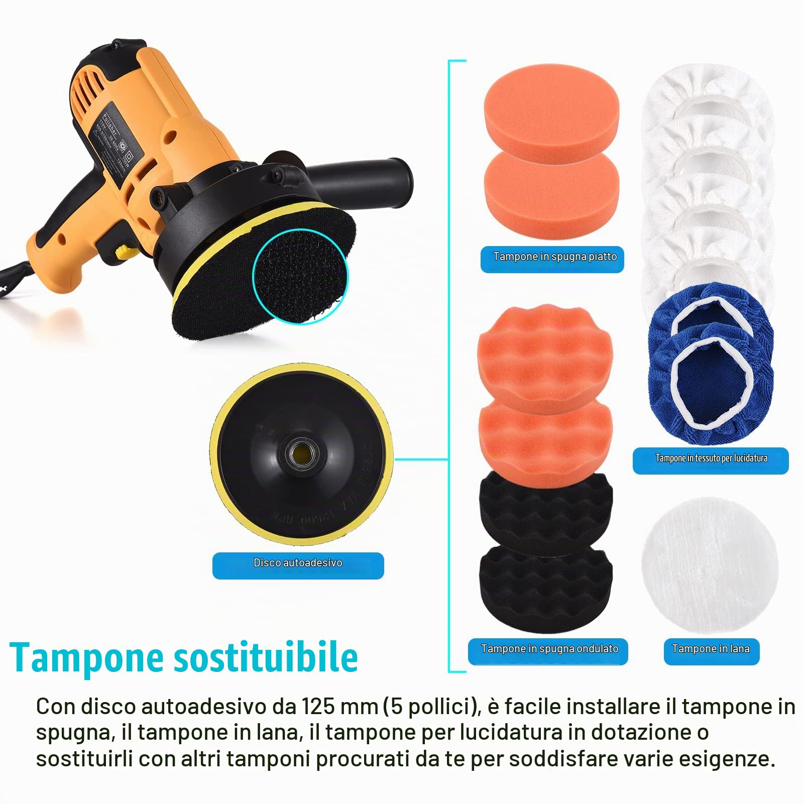 Weytoll 700W 125 mm lucidatrice auto velocità variabile con tamponi