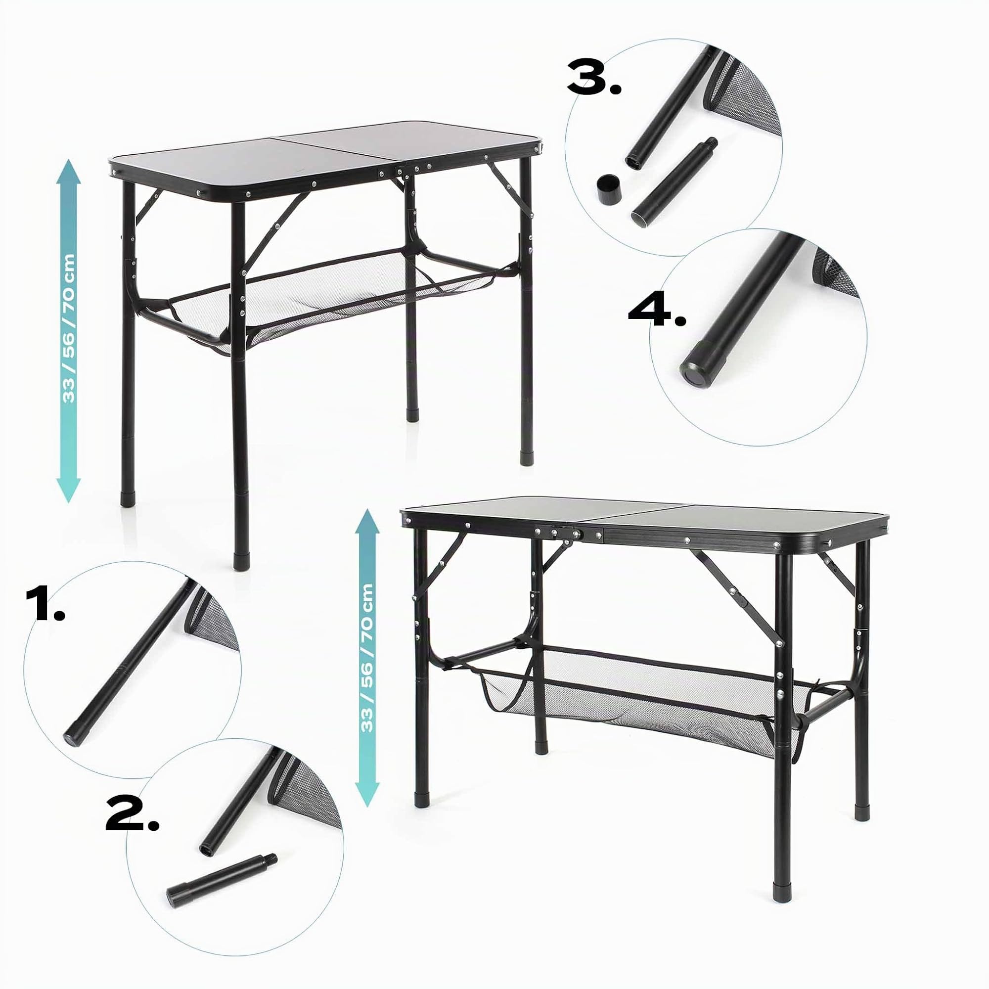Wiltec Toboli Tavolo Campeggio Alluminio 80x40 cm Nero Altezza