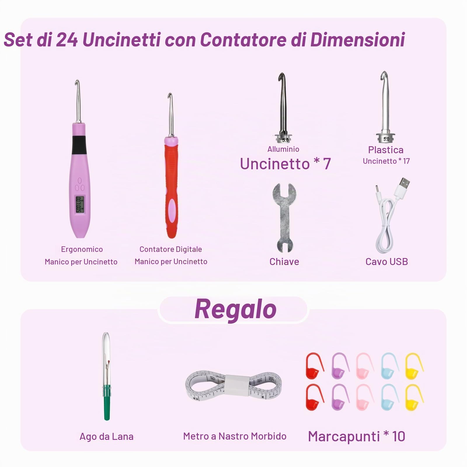 Weytoll Set Uncinetti LED Ricaricabile 24 testine con contatore