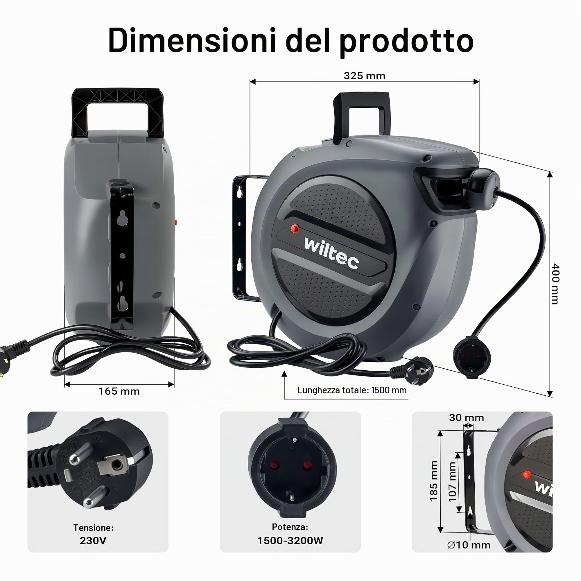 Wiltec Avvolgicavo Automatico 15 m+1,5 m 3200 W IP20