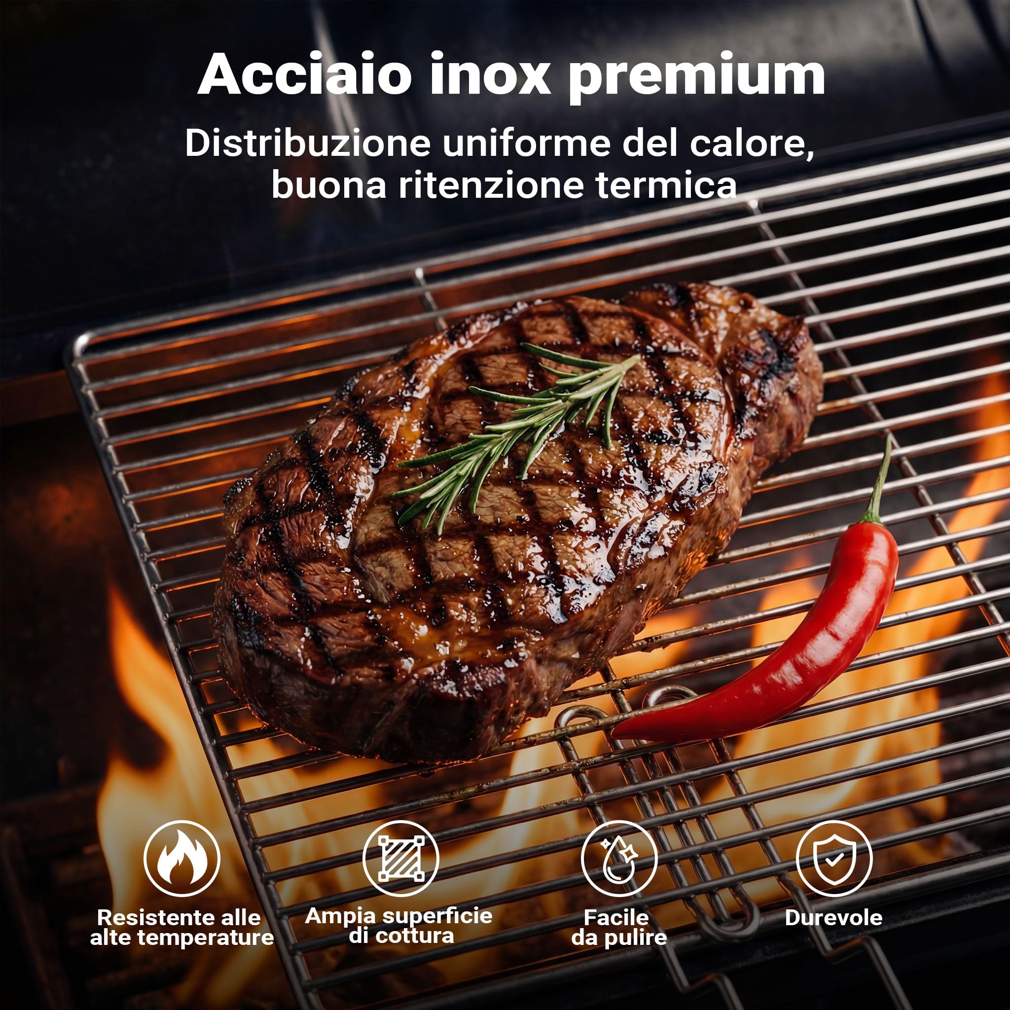 Wiltec Griglia BBQ 54x34cm Acciaio Inox con Manici