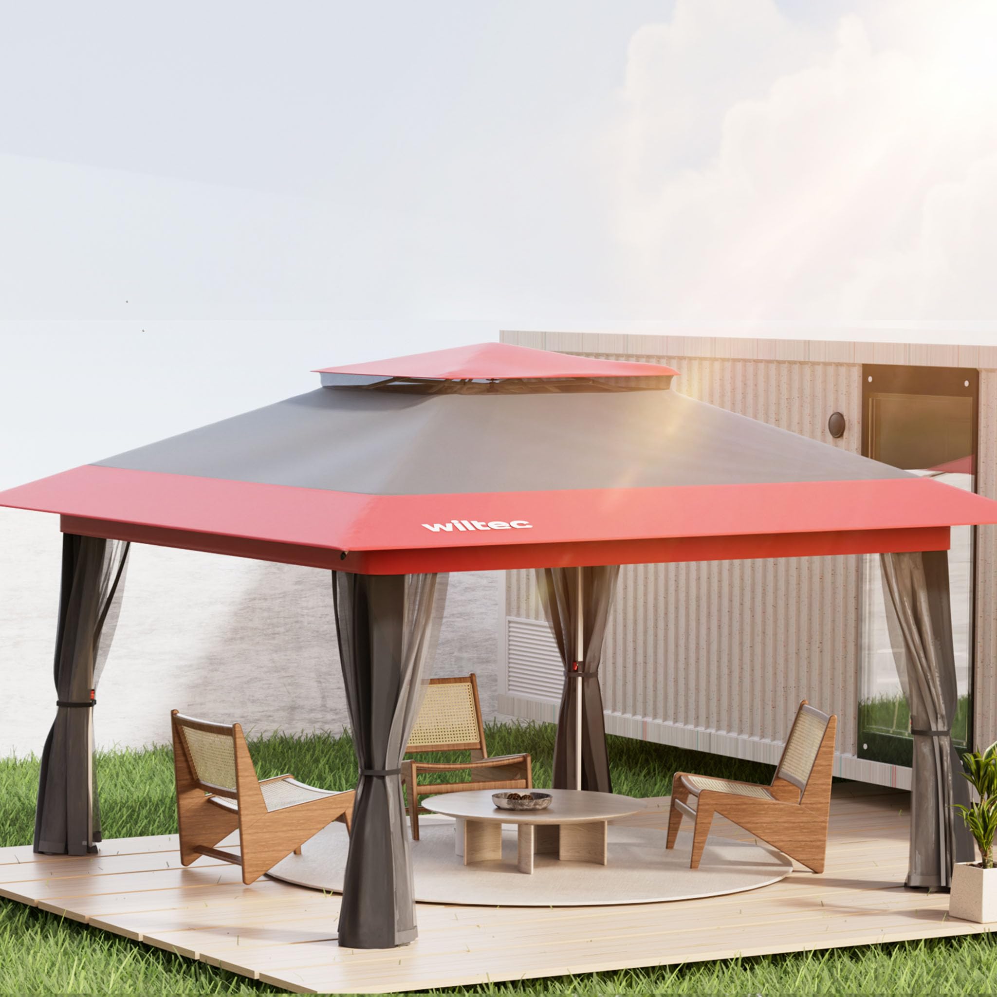 Wiltec Gazebo pieghevole zanzariera 3,92x3,92 m grigio rosso
