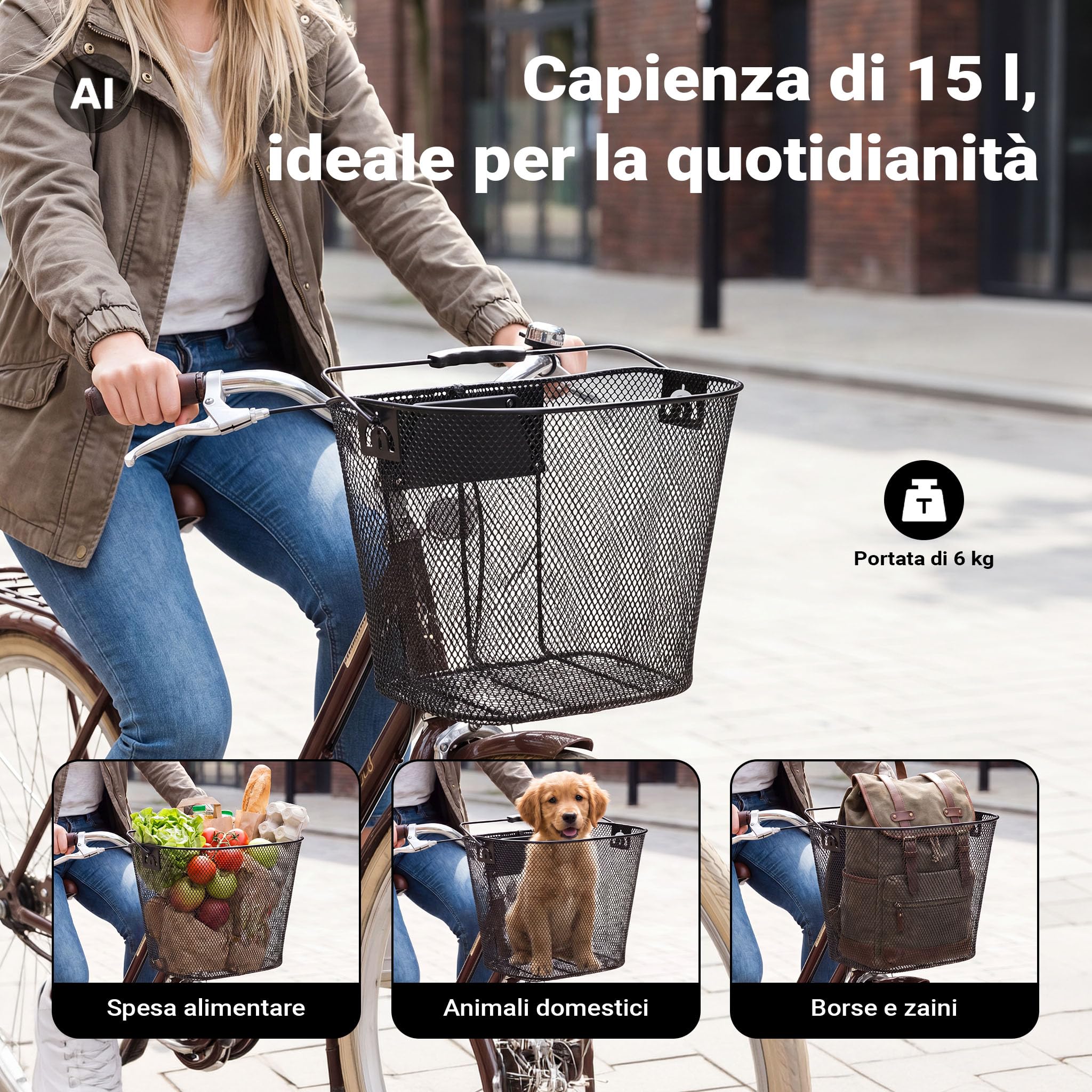 Wiltec cestino bici anteriore in acciaio nero removibile