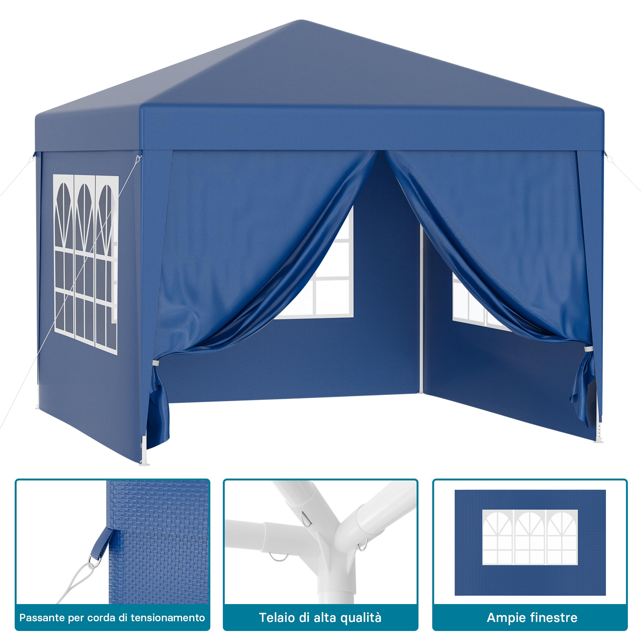 Wiltec Gazebo Blu 3x3m con Pareti Laterali Protezione UV50+