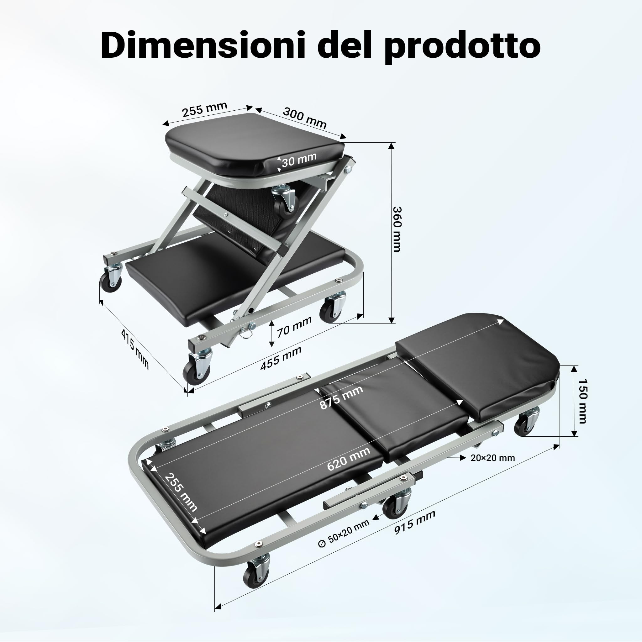 Wiltec Sdraio Sgabello Officina 2in1 Lettino 90x41,5cm 150kg
