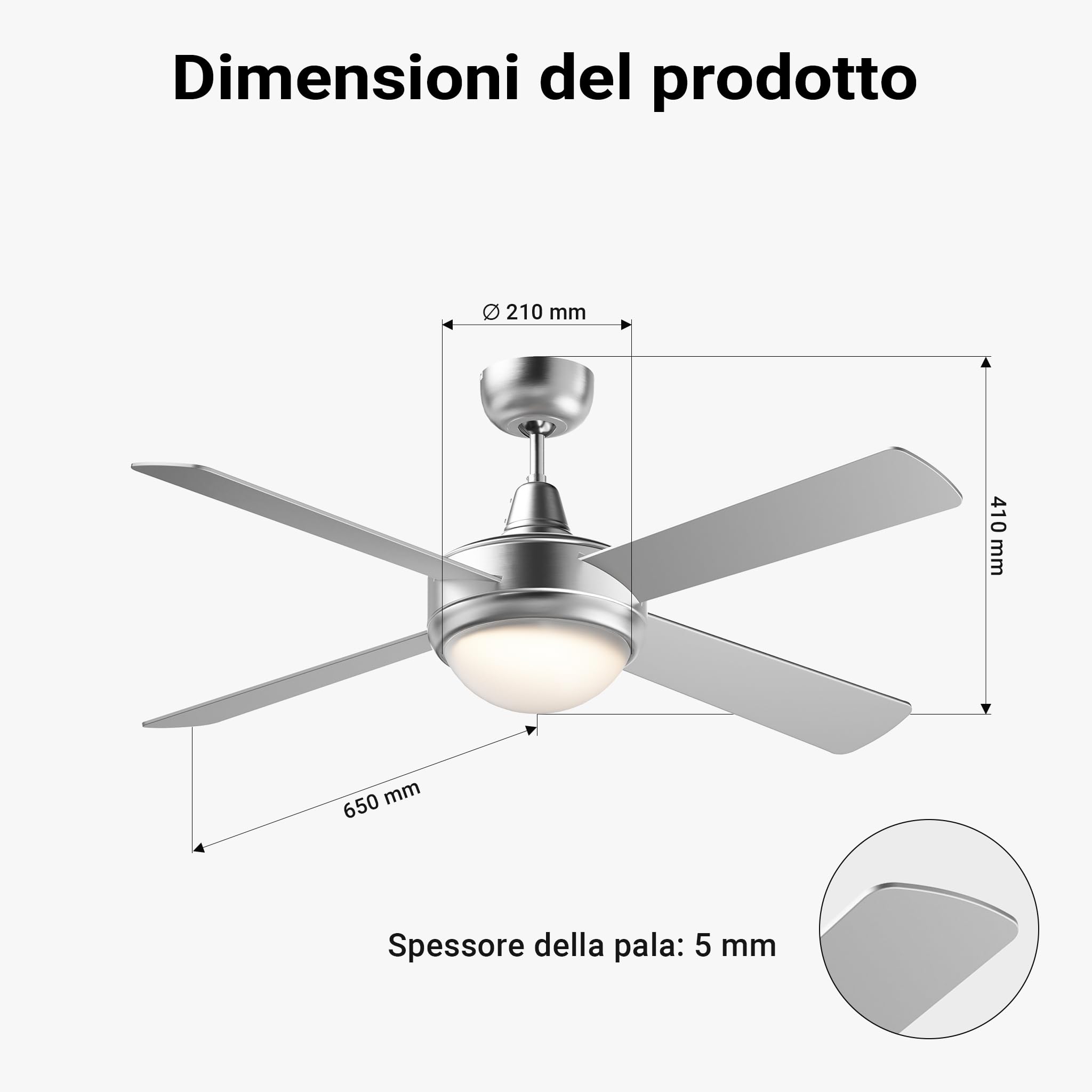 Wiltec Ventilatore Soffitto 130 cm lampadario 4 pale 65 W