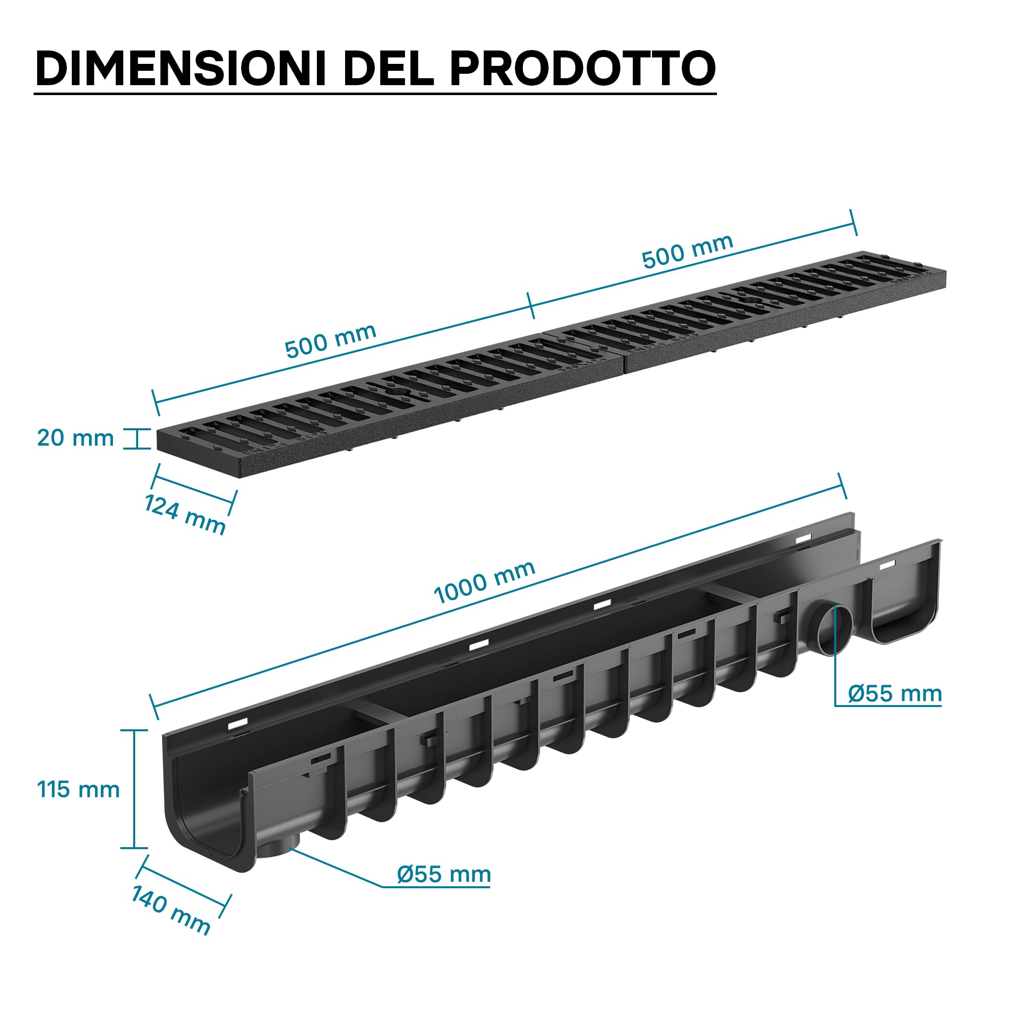 Wiltec Canaletta Drenaggio 1 m Griglia Ghisa 12,5 T