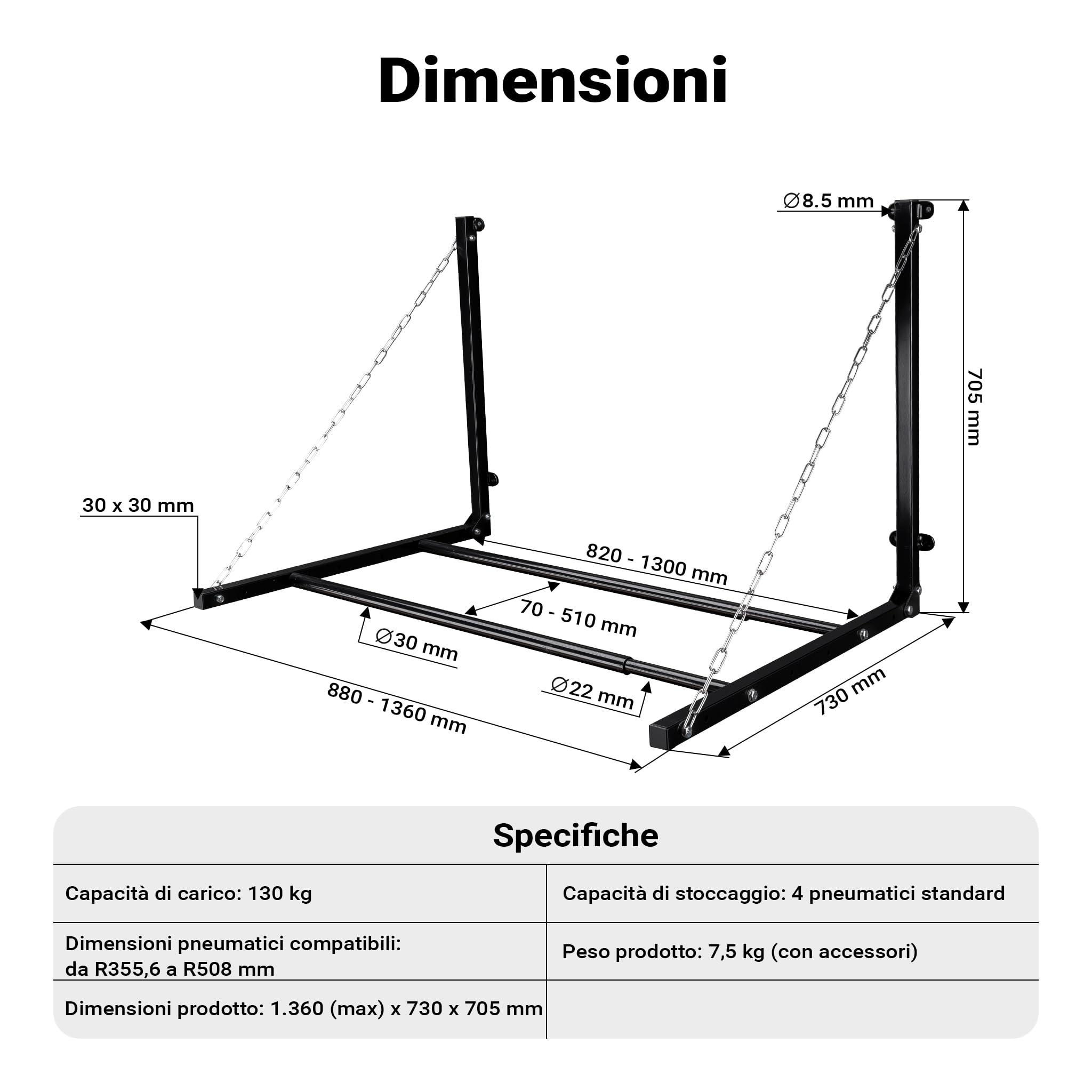 Wiltec Supporto pneumatici a parete 130 kg 4 ruote pieghevole
