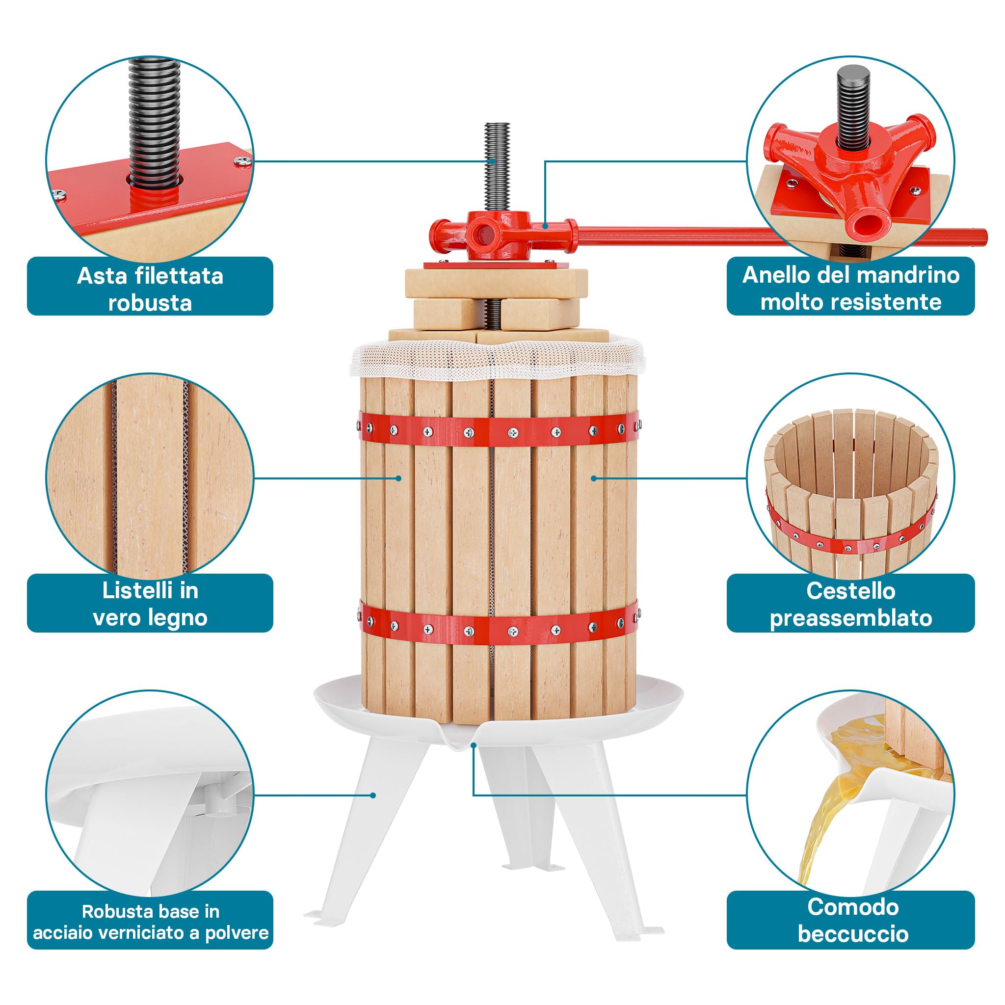Wiltec torchio frutta manuale 6 l con panno gabbia legno faggio
