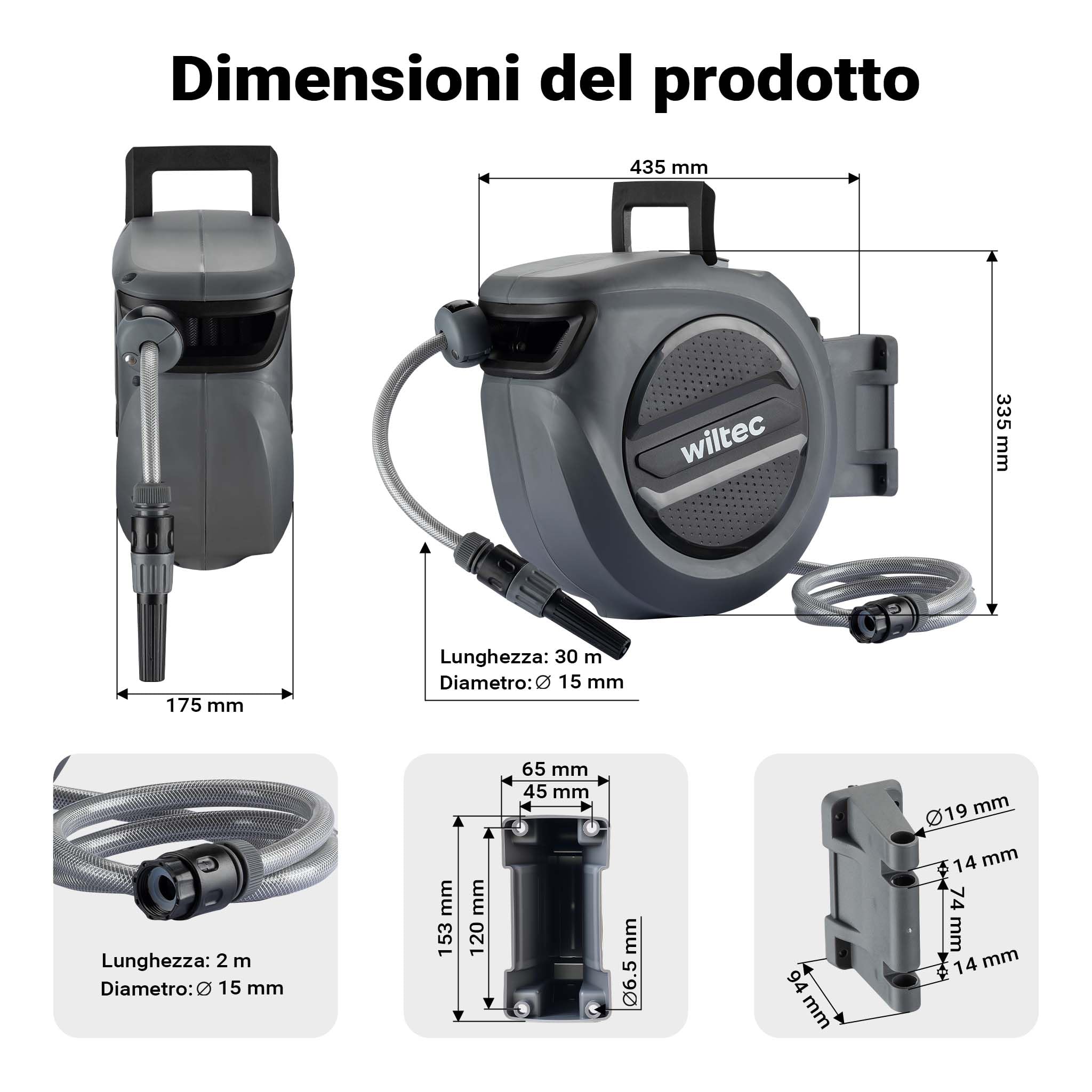 Wiltec XPOtool avvolgitubo automatico da parete 30 m con staffa 180°