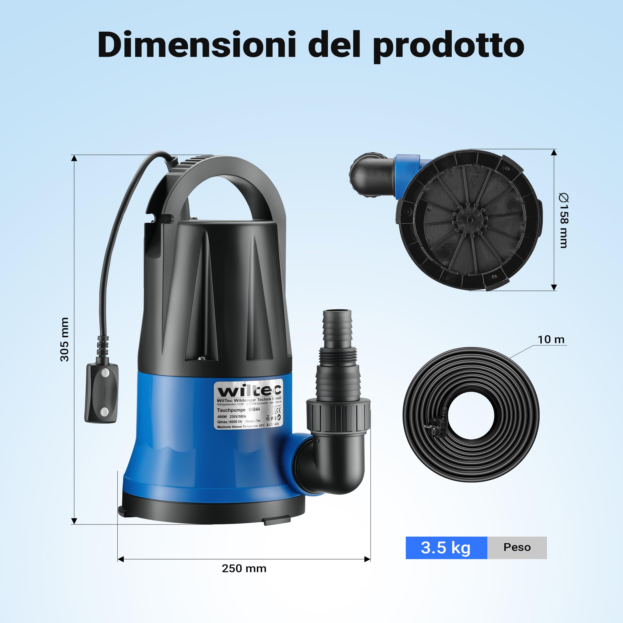 Wiltec pompa sommersa acque reflue 400W 6000 l/h 7m