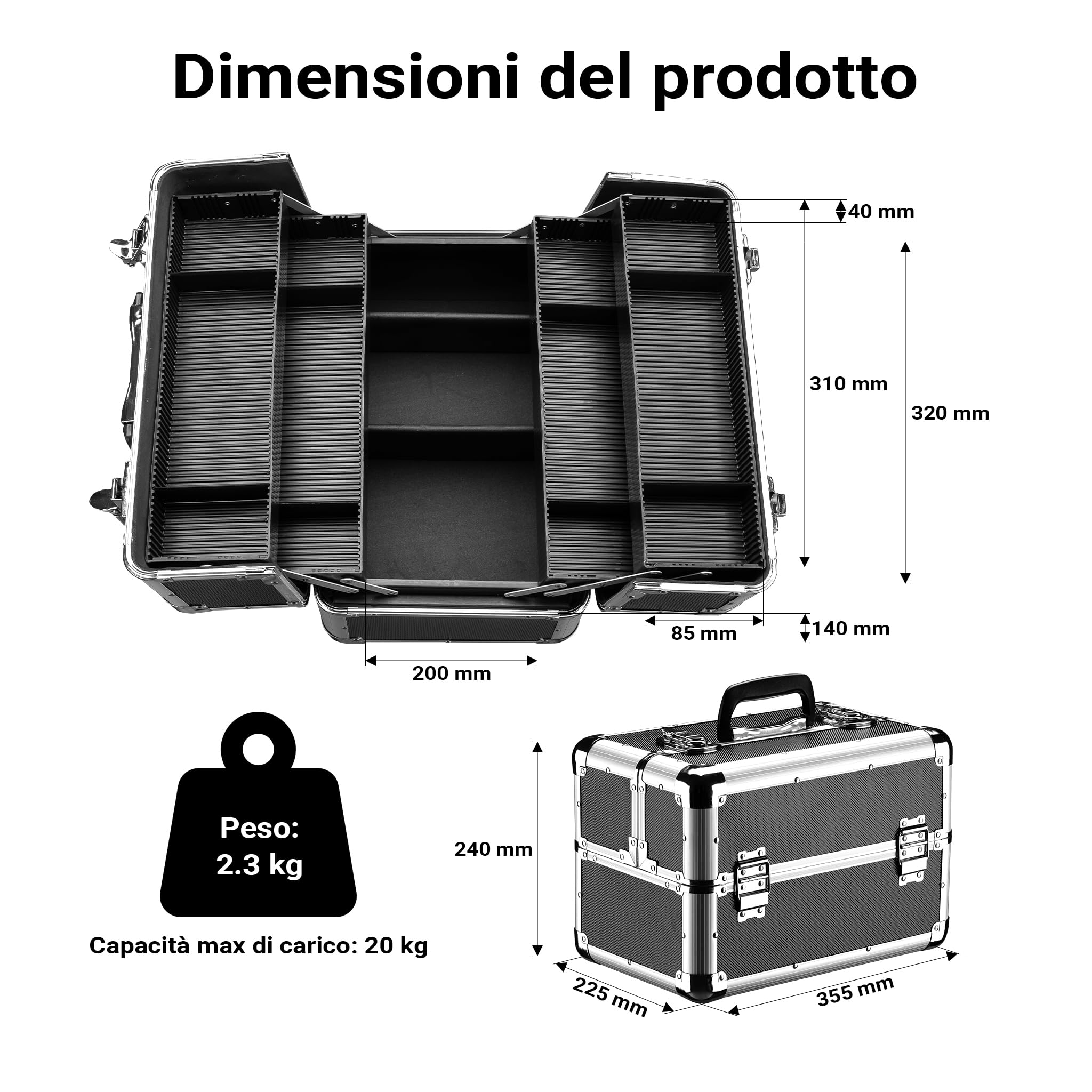 Wiltec Cassetta Attrezzi Alluminio Vuota 35,5 cm con Chiave