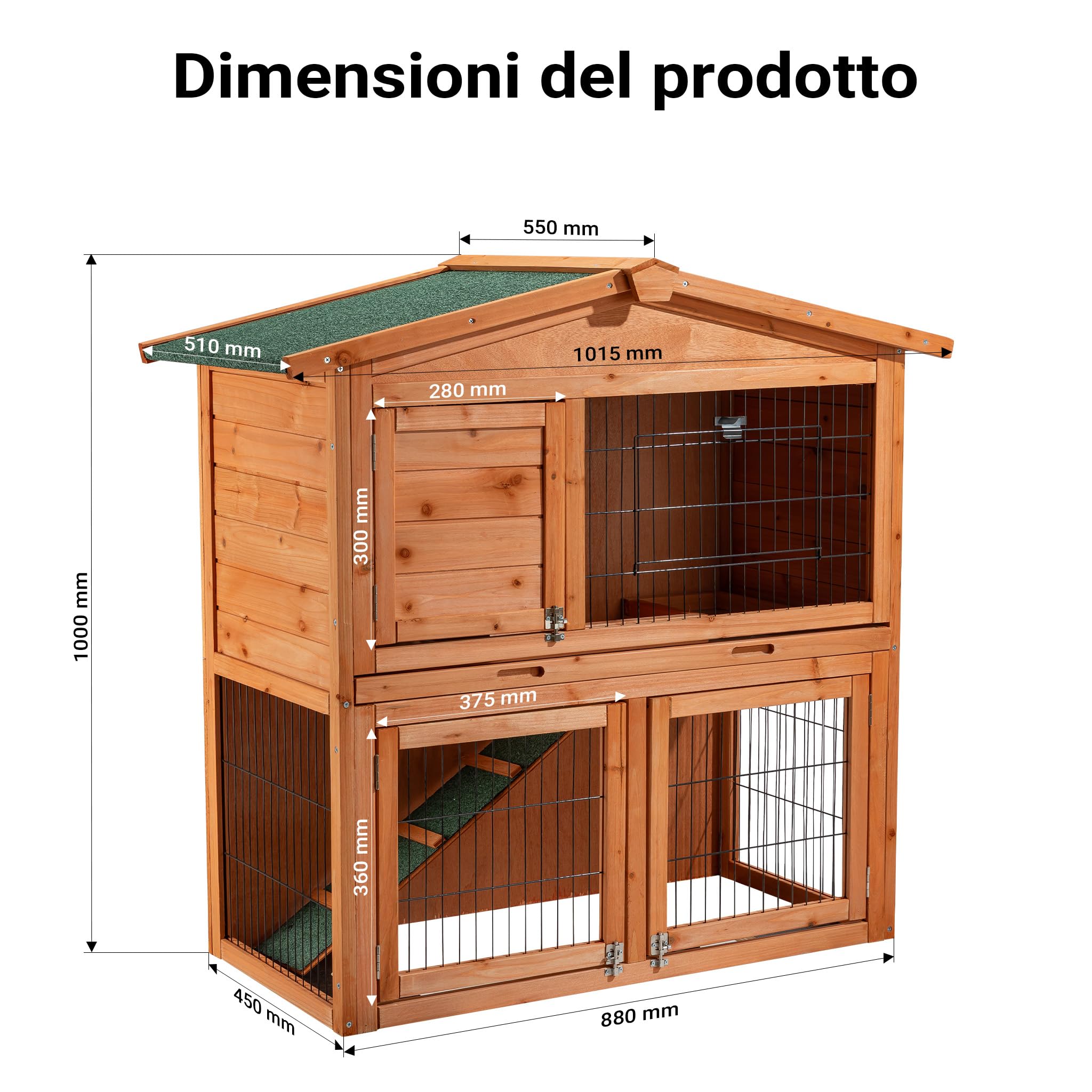 Wiltec Conigliera Legno 2 Livelli 87x54x100 cm Tetto Bitume
