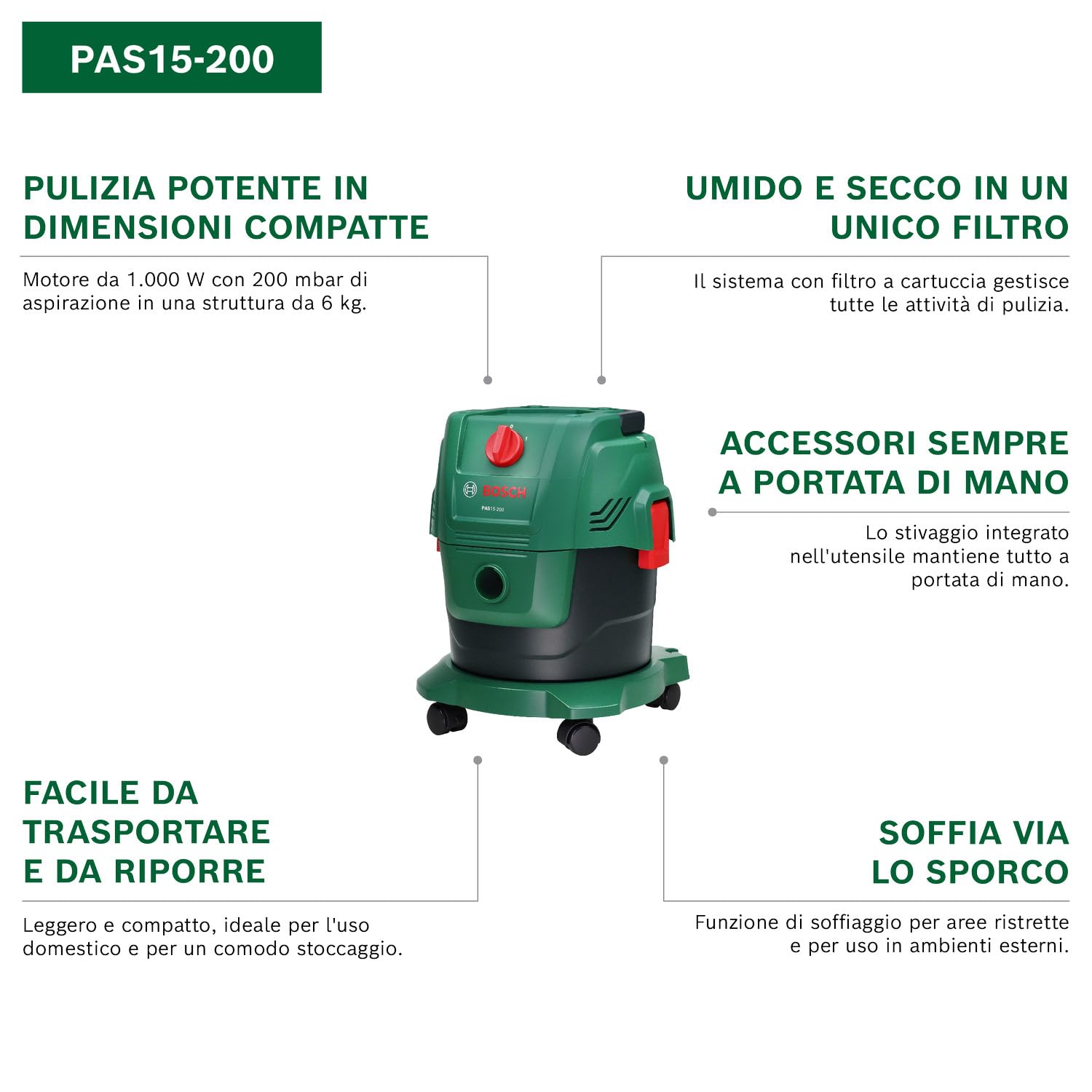 Bosch PAS15-200 Aspiratore Liquidi e Solidi 15L