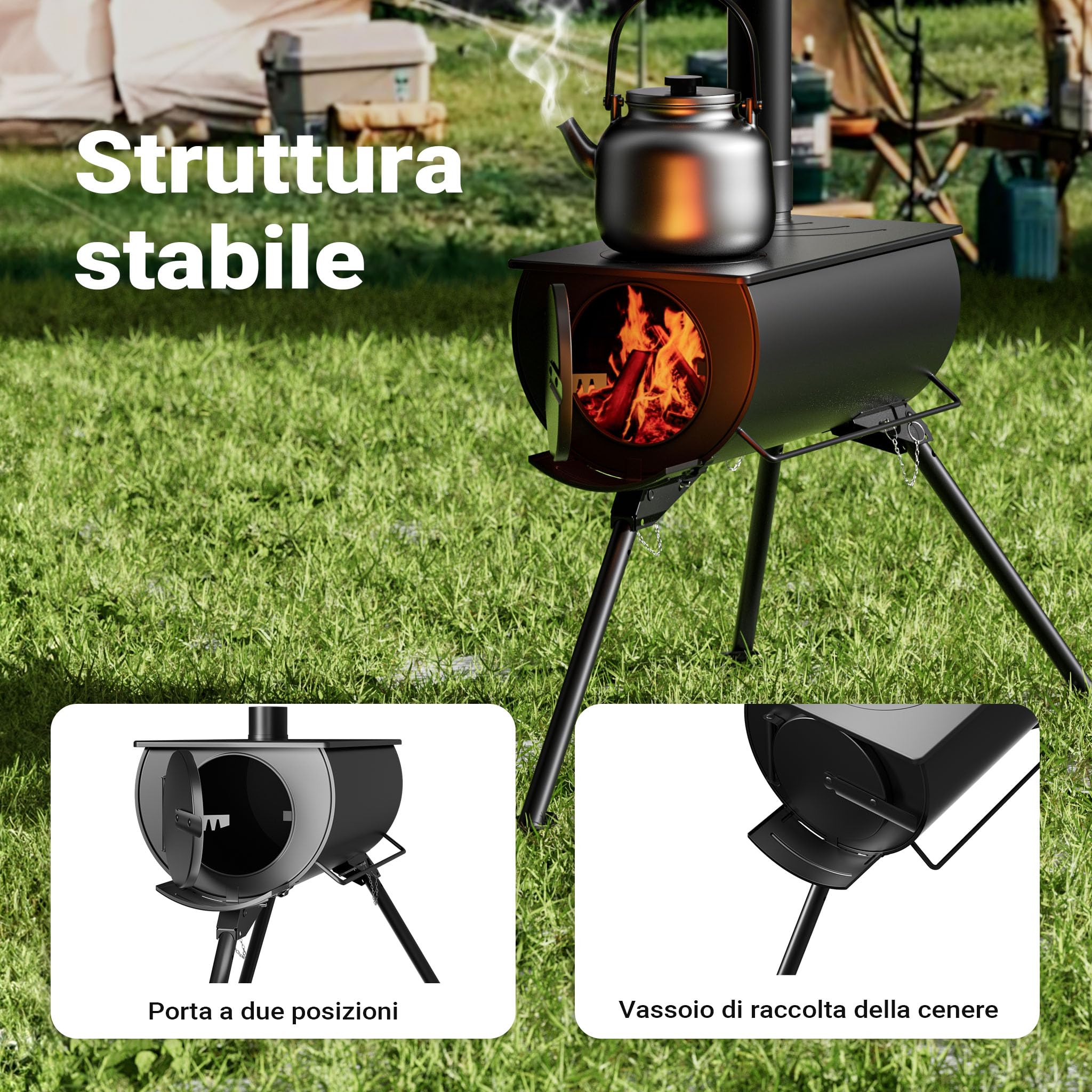 Wiltec Stufa a Legna Campeggio Acciaio 85x57,5x238 cm