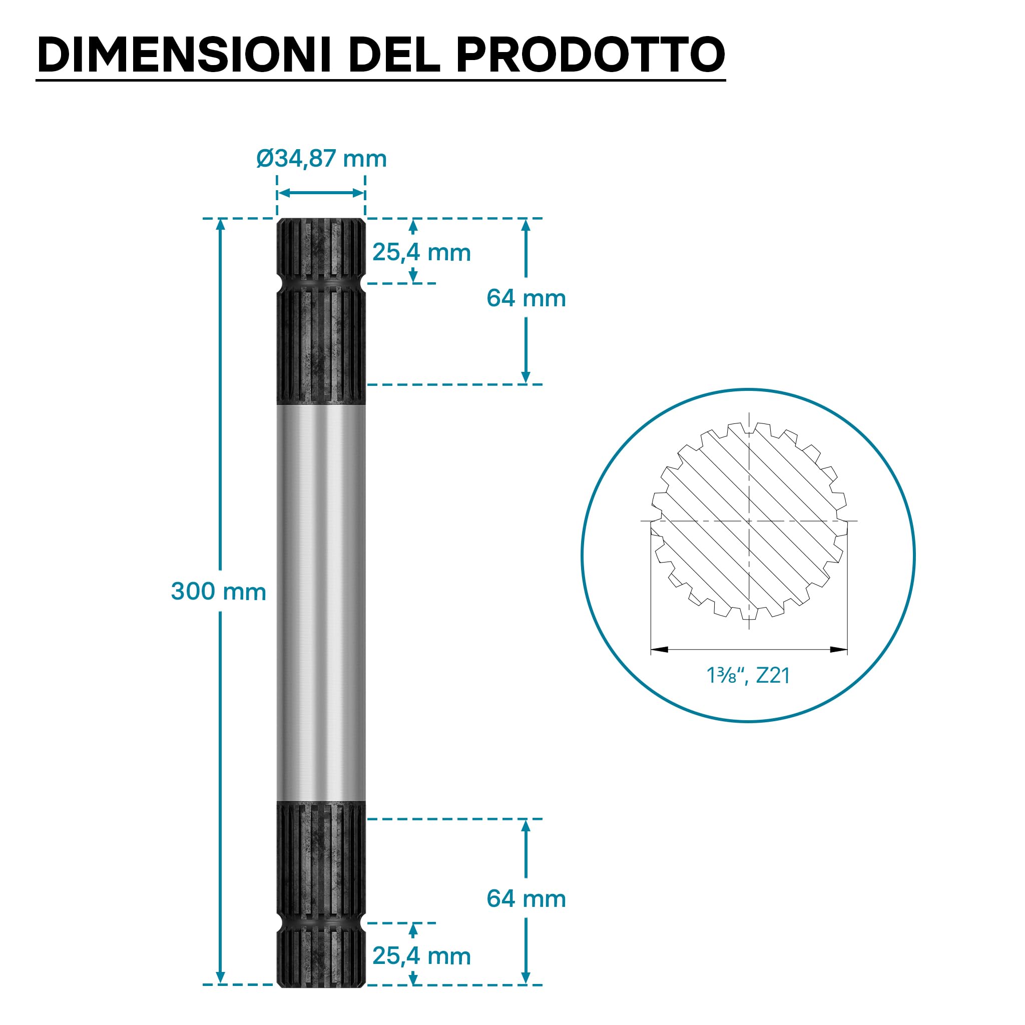 Wiltec D2 albero scanalato cardano 300 mm 21 denti