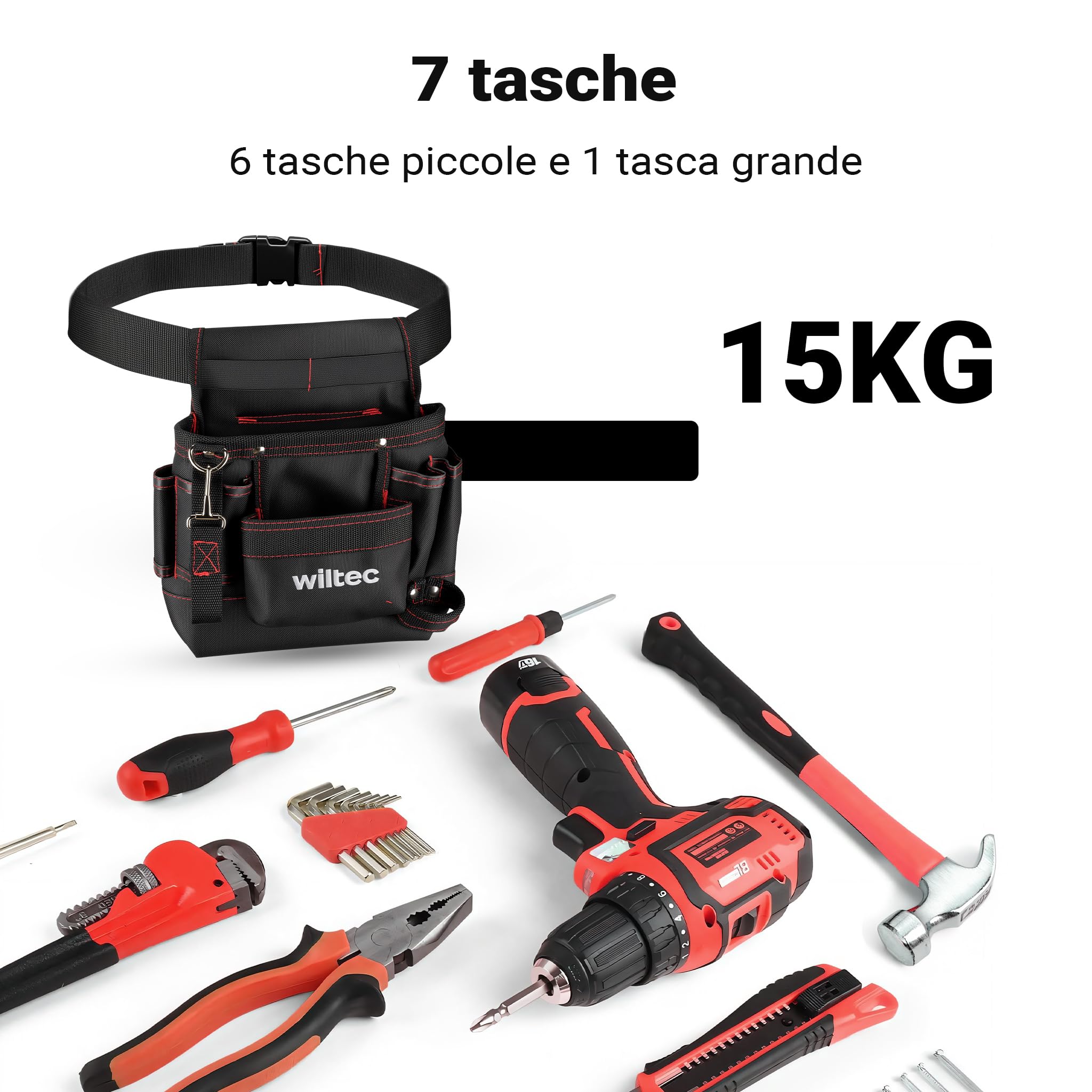 Wiltec marsupio da lavoro 24x28 cm 15 kg 7 tasche poliestere