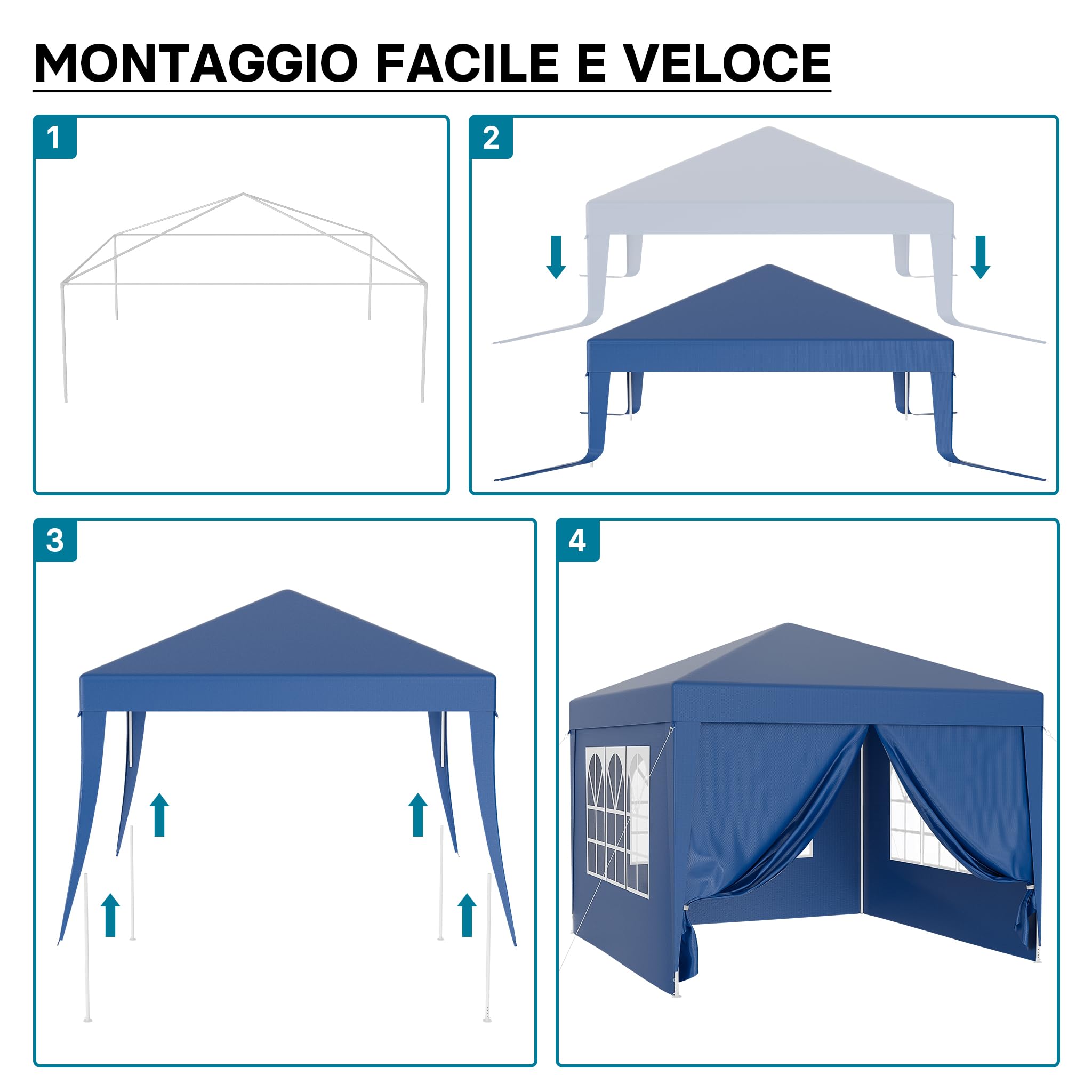 Wiltec Gazebo Blu 3x3m con Pareti Laterali Protezione UV50+