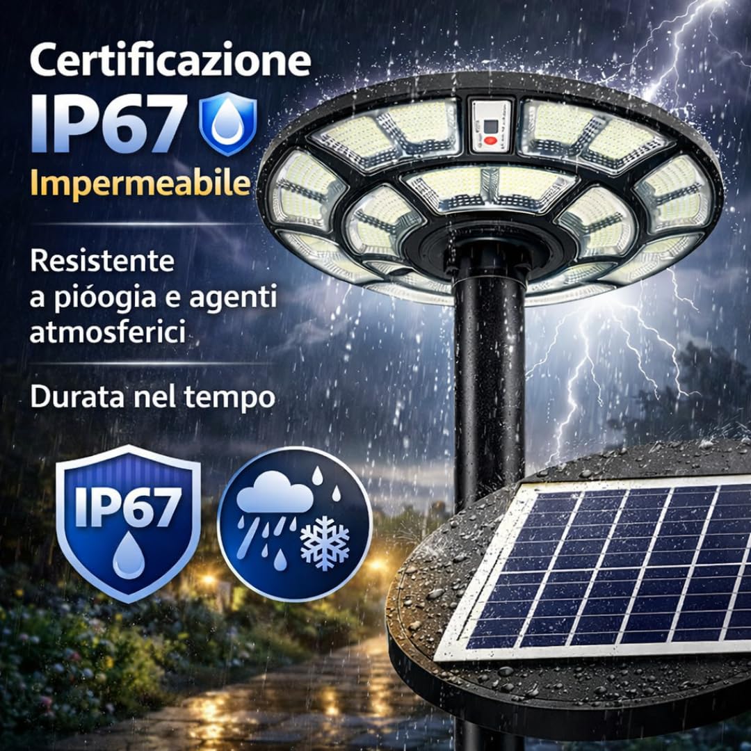 DE ROSA SHOP UFO 1200W Lampione Solare LED Esterno IP67