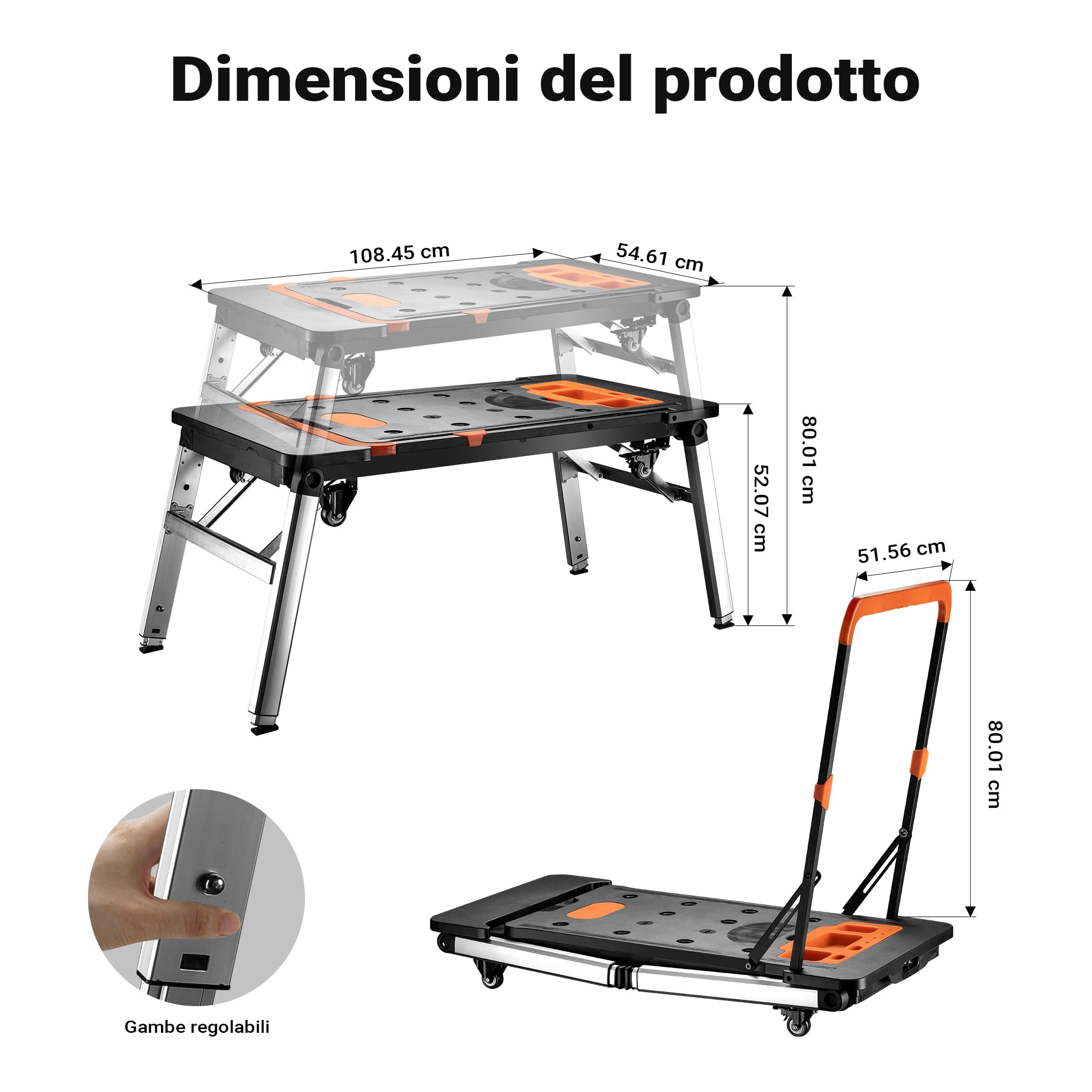Wiltec Banco lavoro pieghevole 7 in 1 108,5 cm fino a 250 kg