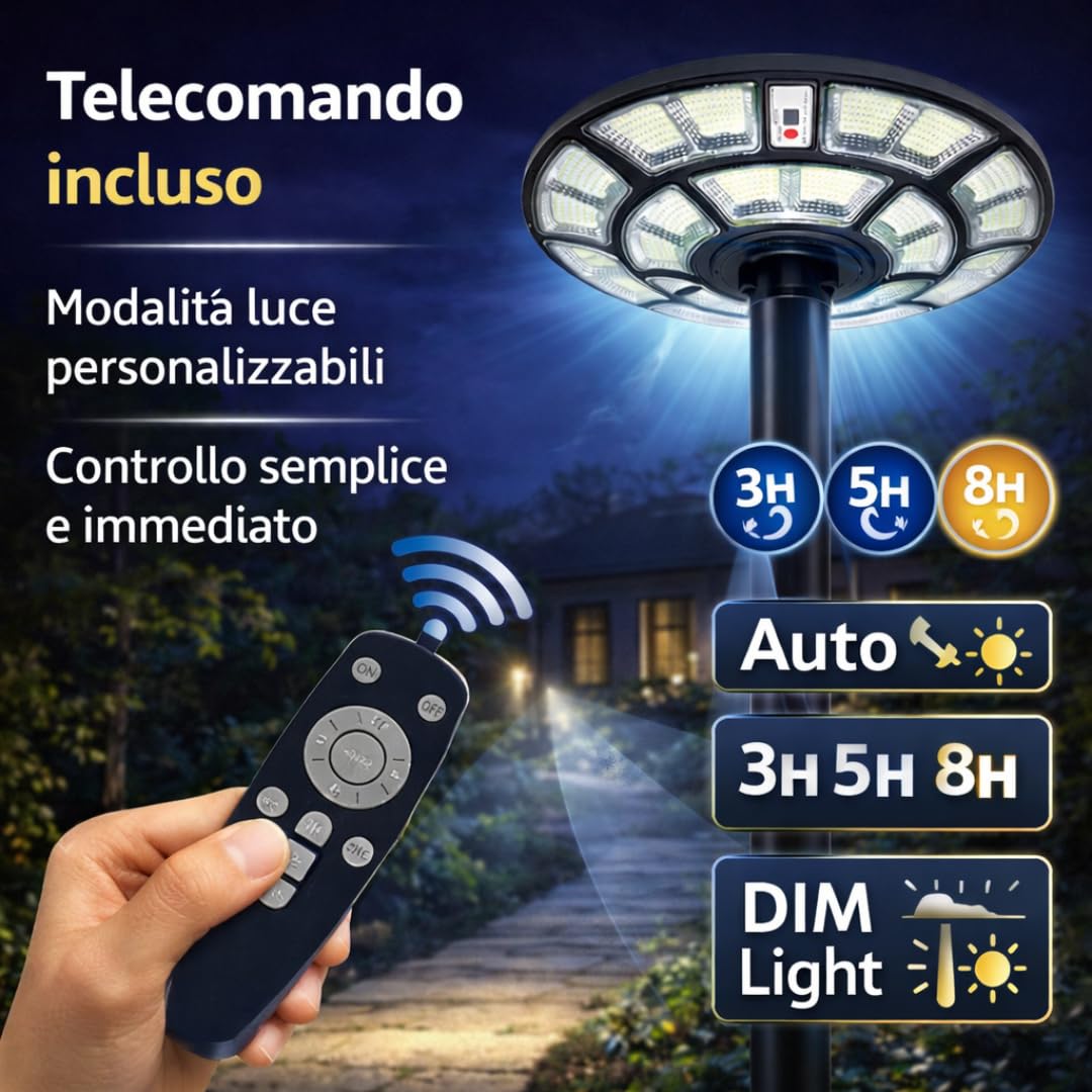 DE ROSA SHOP UFO 1200W Lampione Solare LED Esterno IP67